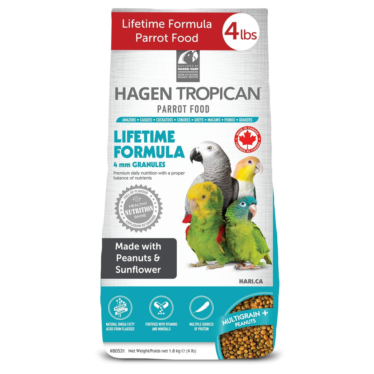 Hari Hagen Tropican Lifetime Formula Parrot Food, 4 Lb Parrot Food With Peanuts & Sunflower Seeds And Balance Nutrition Levels