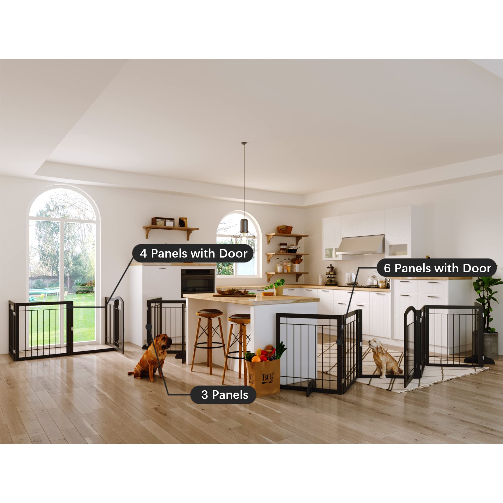 JSB 96-Inch Extra Wide Dog Gate with Door, Freestanding Pet Safety Fence, 4 Panels, Black, Model JSB001-2430