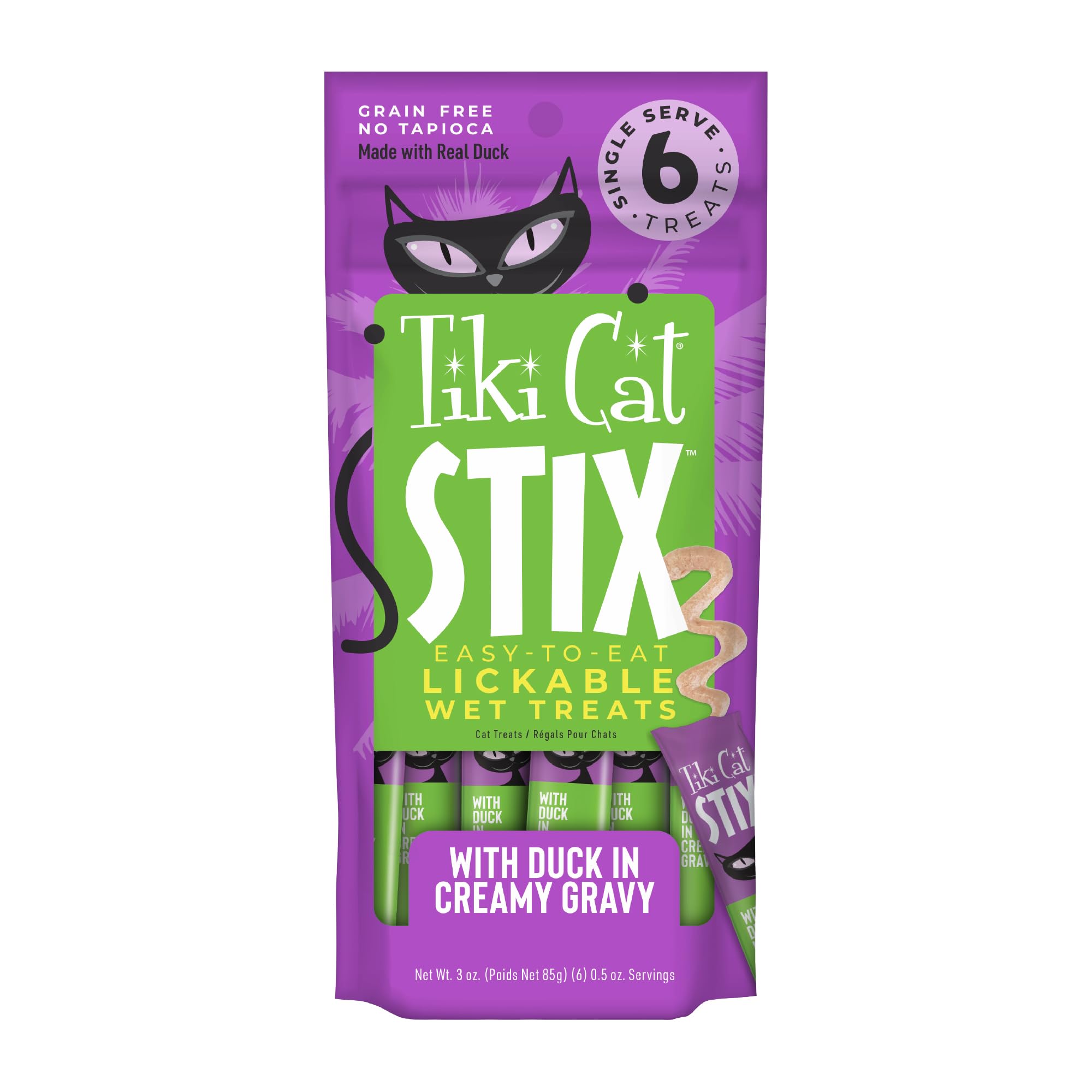 Tiki Cat Stix Mousse Treats, Single Serve Indulgent Lickable Treat or Dry Food Topper, with Duck in Creamy Gravy, 3 oz. Pouch (P