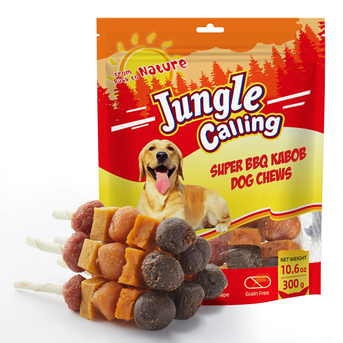 Jungle Calling Dog Treats, Multi-Flavor Kabob Dog Snacks, Dog Kabobs, Made With Chicken, Duck, Beef, Sweet Potato And Pumpkin, Rawhide Sticks For Dogs