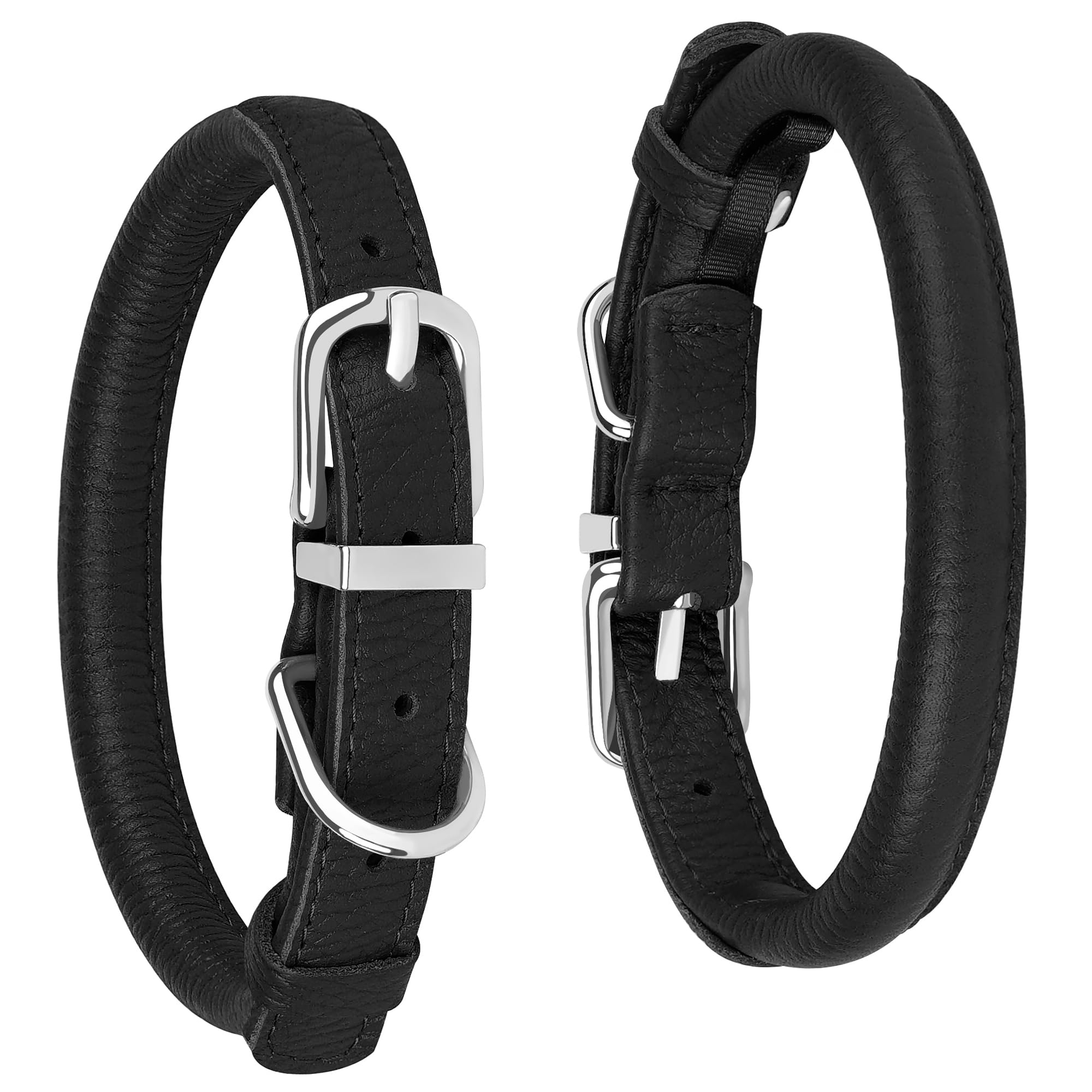 Oopsdoggy Rolled Leather Dog Collar Soft Roll Collars For Small Medium Large Dogs Puppy (Black, M, 12-15)