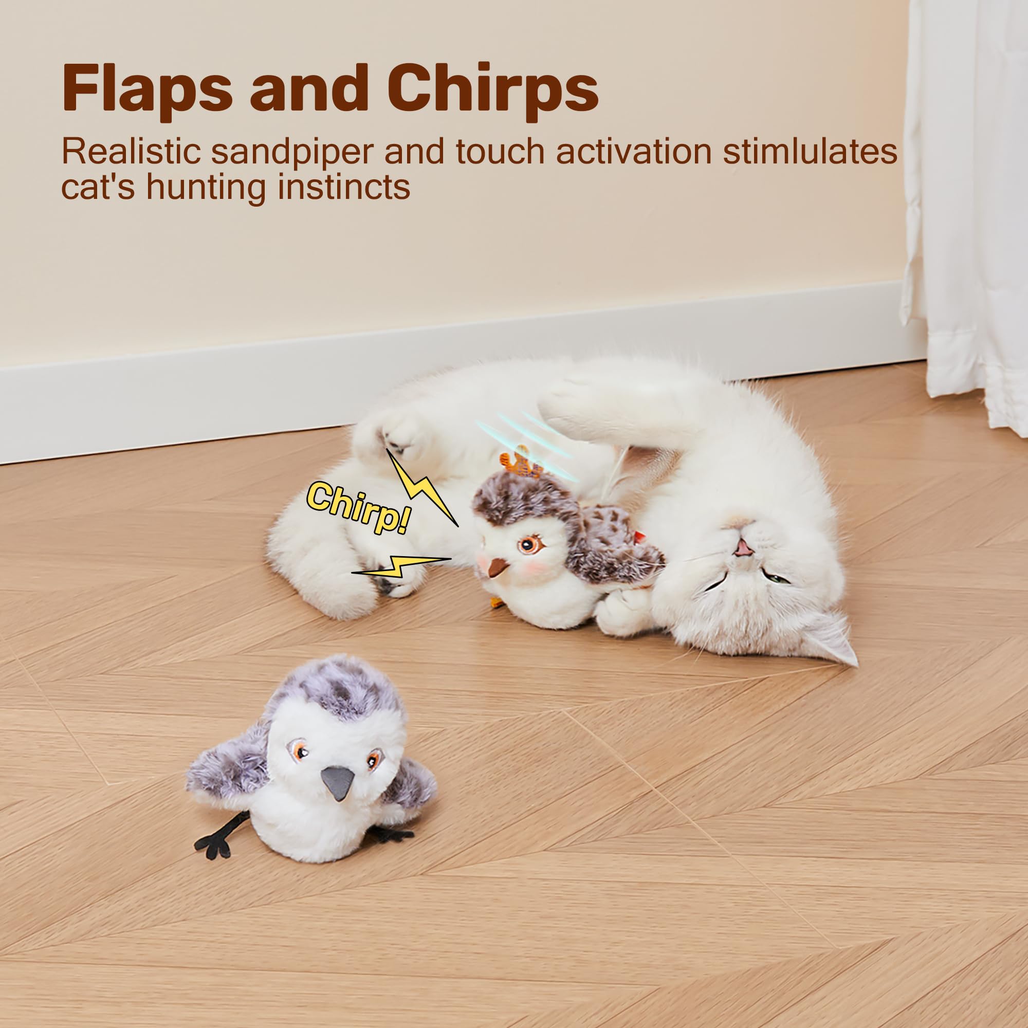 Potaroma Cat Toys 2 Pcs Flapping Sandpiper Pair-Mate, Lifelike Birds Chirp, Chargeable Touch Activated Kitten Fun Interactive Kitty Exercise With Catnip For All Breeds