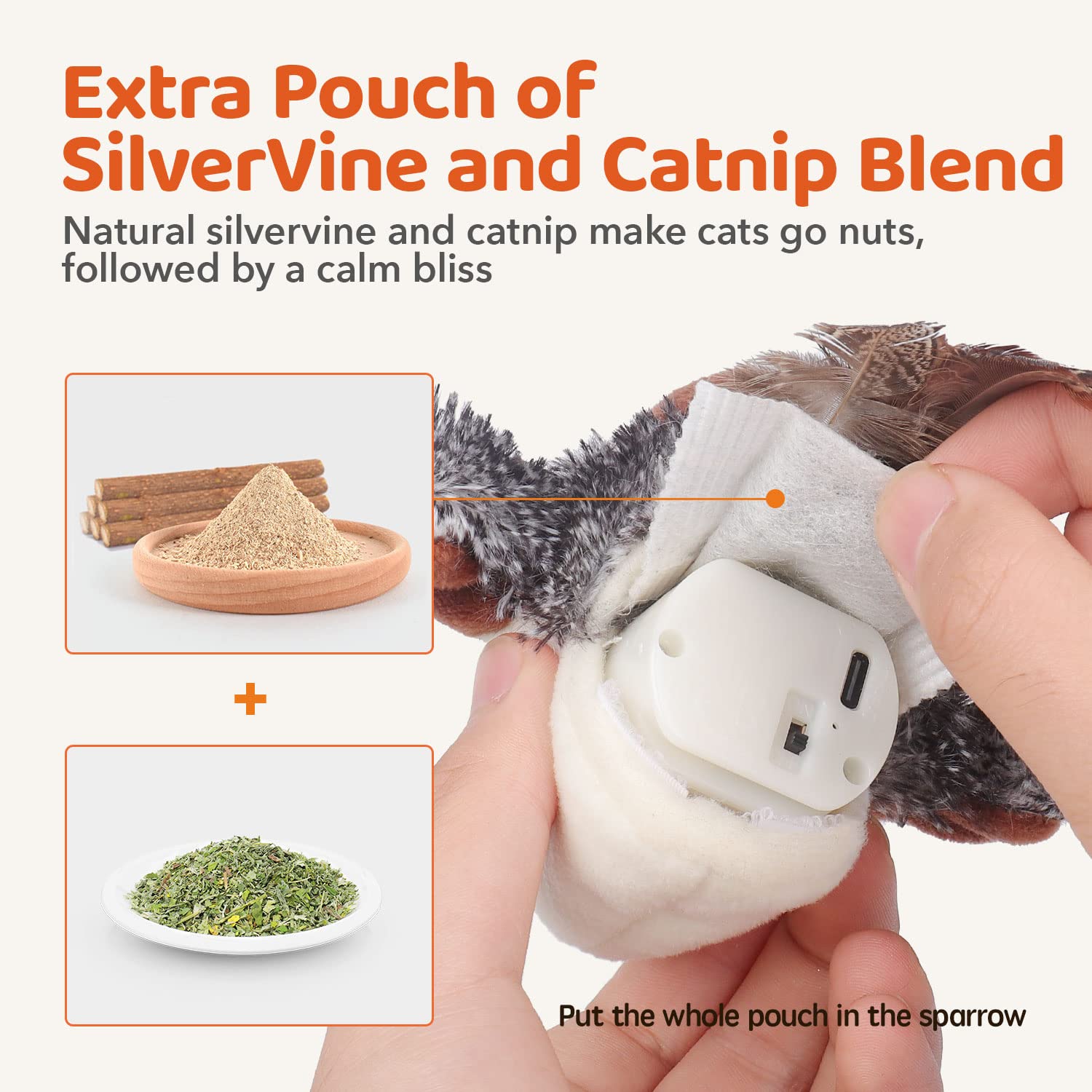 Potaroma Cat Toys Rechargeable Flapping Bird Sparrow, Lifelike Chirp Tweet, Touch Activated Kitten Toy Interactive Cat Exercise Toys For All Breeds Cat Kicker Catnip Toys 4.0 Inches