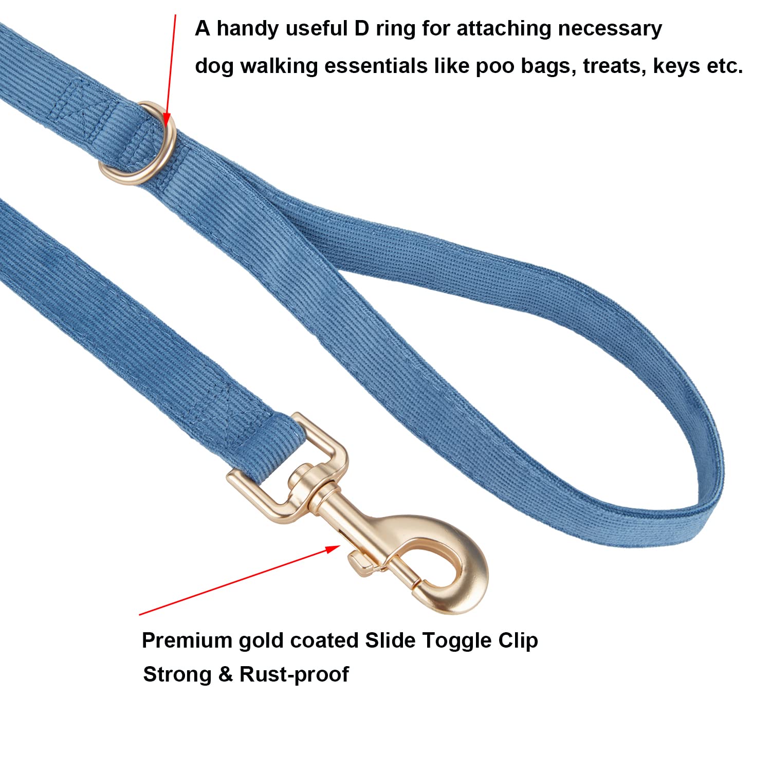 Ewinoom Soft Corduroy Dog Collar and Leash Set, Adjustable Cotton Dog Collars with Metal Buckle and Lead for Medium Dogs,Blue