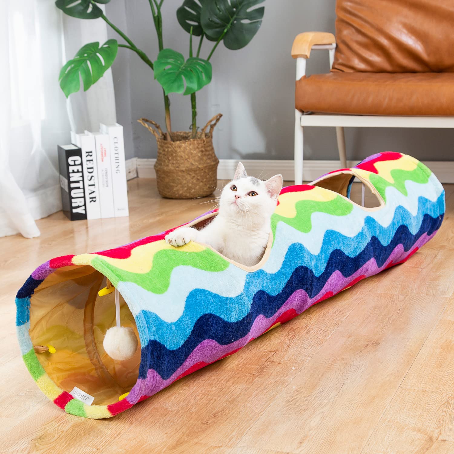 Luckitty Cat Tunnel -Straight-Shaped, Rainbow Wave Color, Soft Velvet Exterior, Oxford Fabric Fog-Proof Interior, Plush Toy Ball, Easily Washable, Conveniently Foldable, 47.2In/120Cm