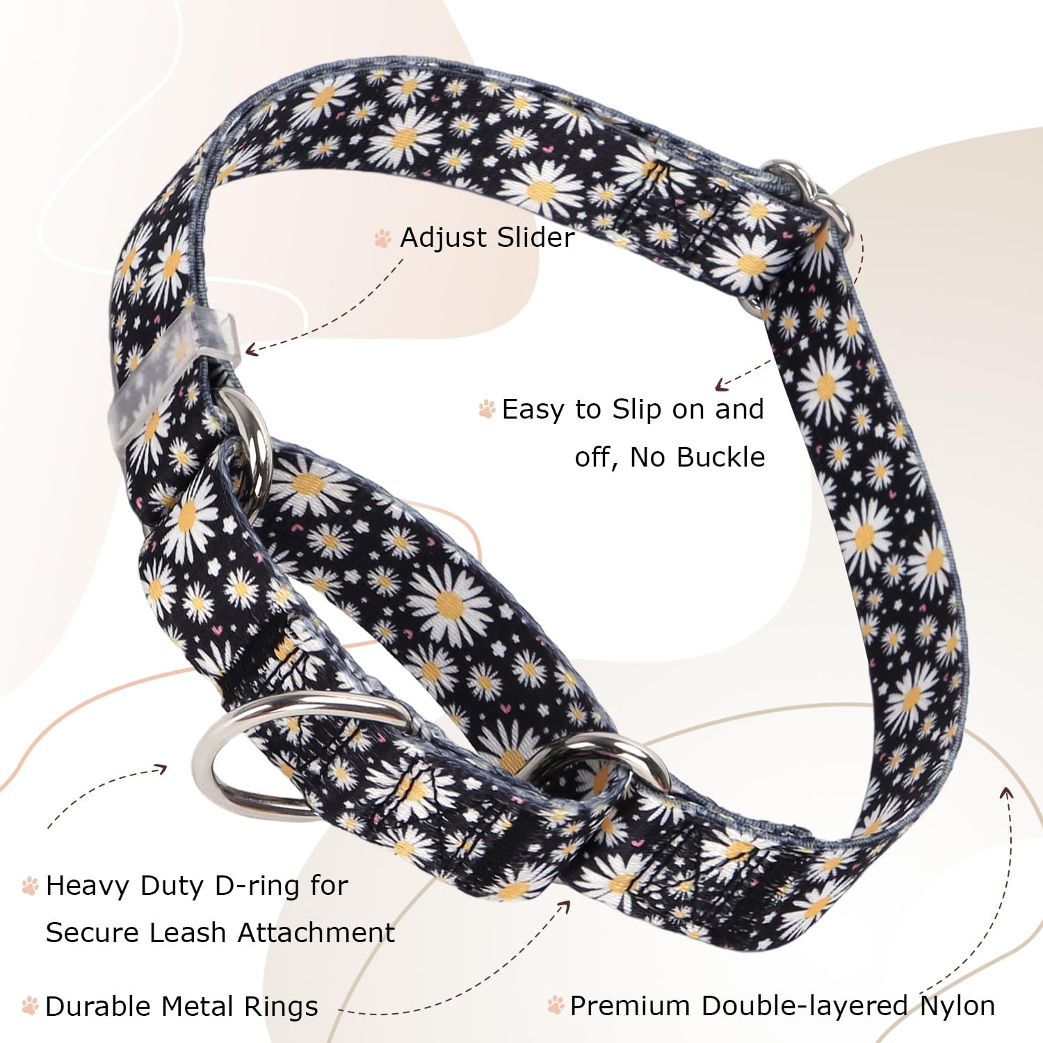 Martingale Collar For Dogs, No Pull Dog Training Collar Daisy Floral Design With Adjustable Soft Nylon Dog Collars, Great For Wh