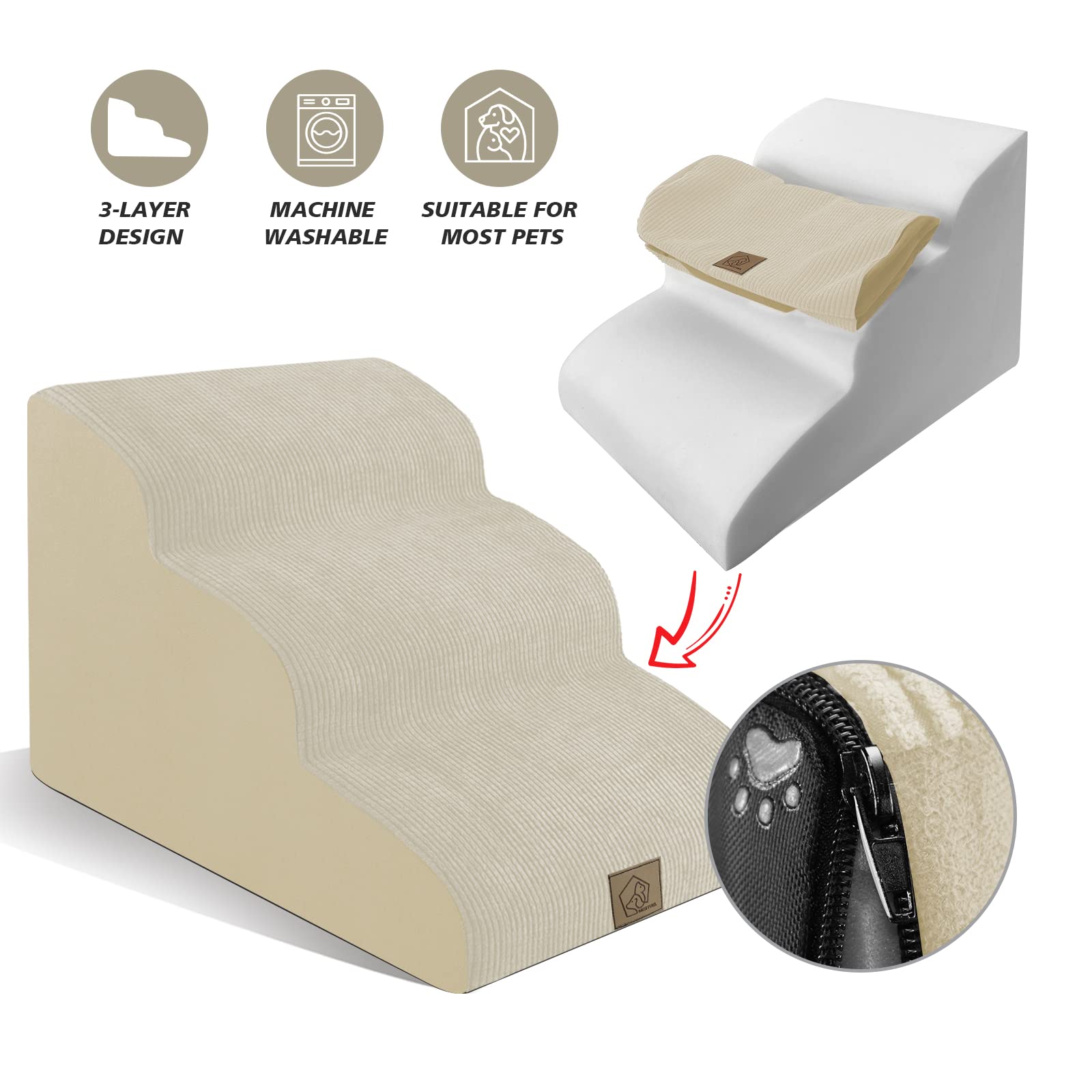 3-Tiers Foam Dog Stairs For Indoor High Sofa Bed Couch,Gentle Slope Steps Stairs For Indoor,Dog Stairs Ladder Ramp Non Slip For Old Small Dogs Easy Access,Send 3 Pcs Lint Roller Set,Beige