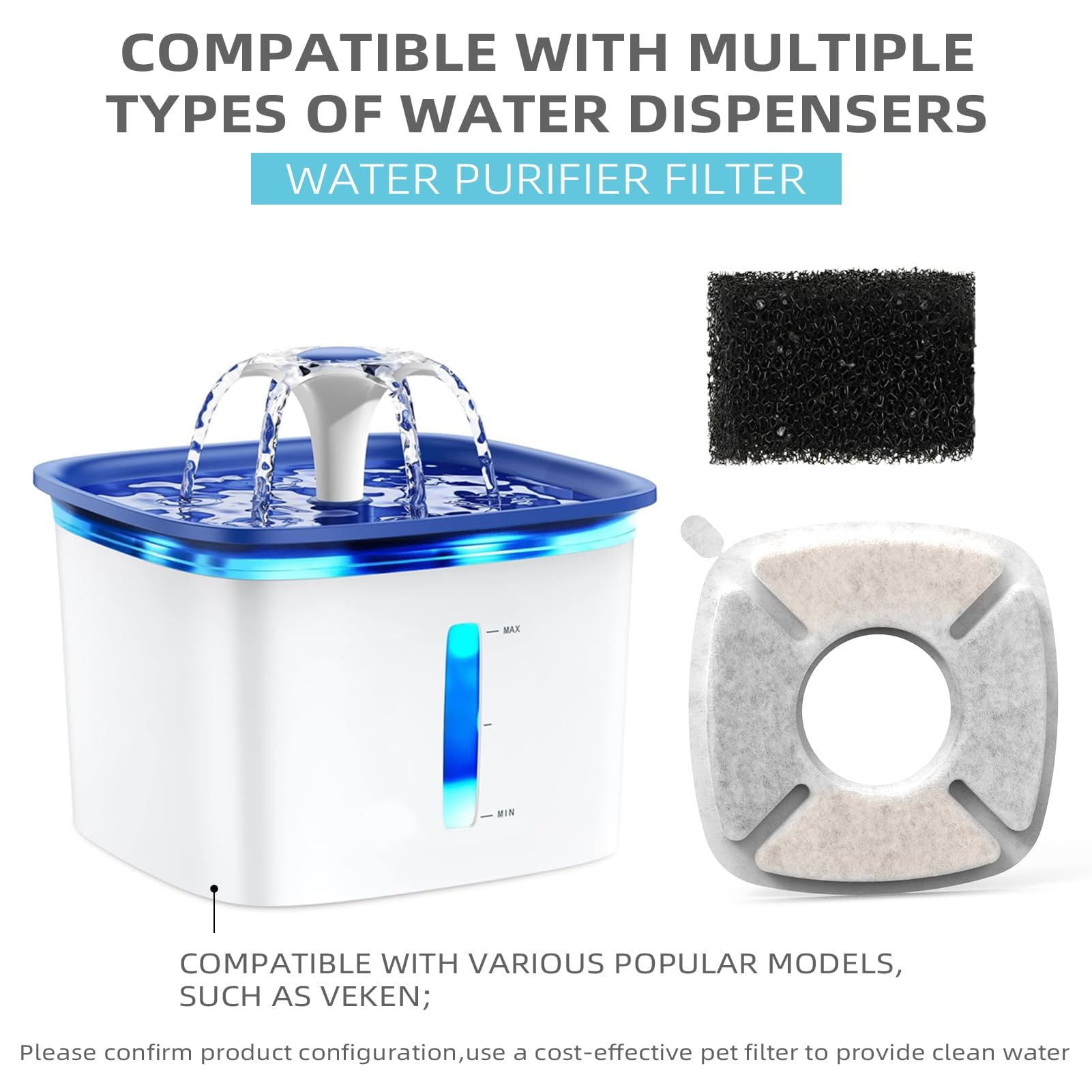 8 Pack Cat Water Fountain Filter Compatible with 67/95/135/85oz Automatic Pet Dispenser, Triple Filtration Dog Fountain Filter (