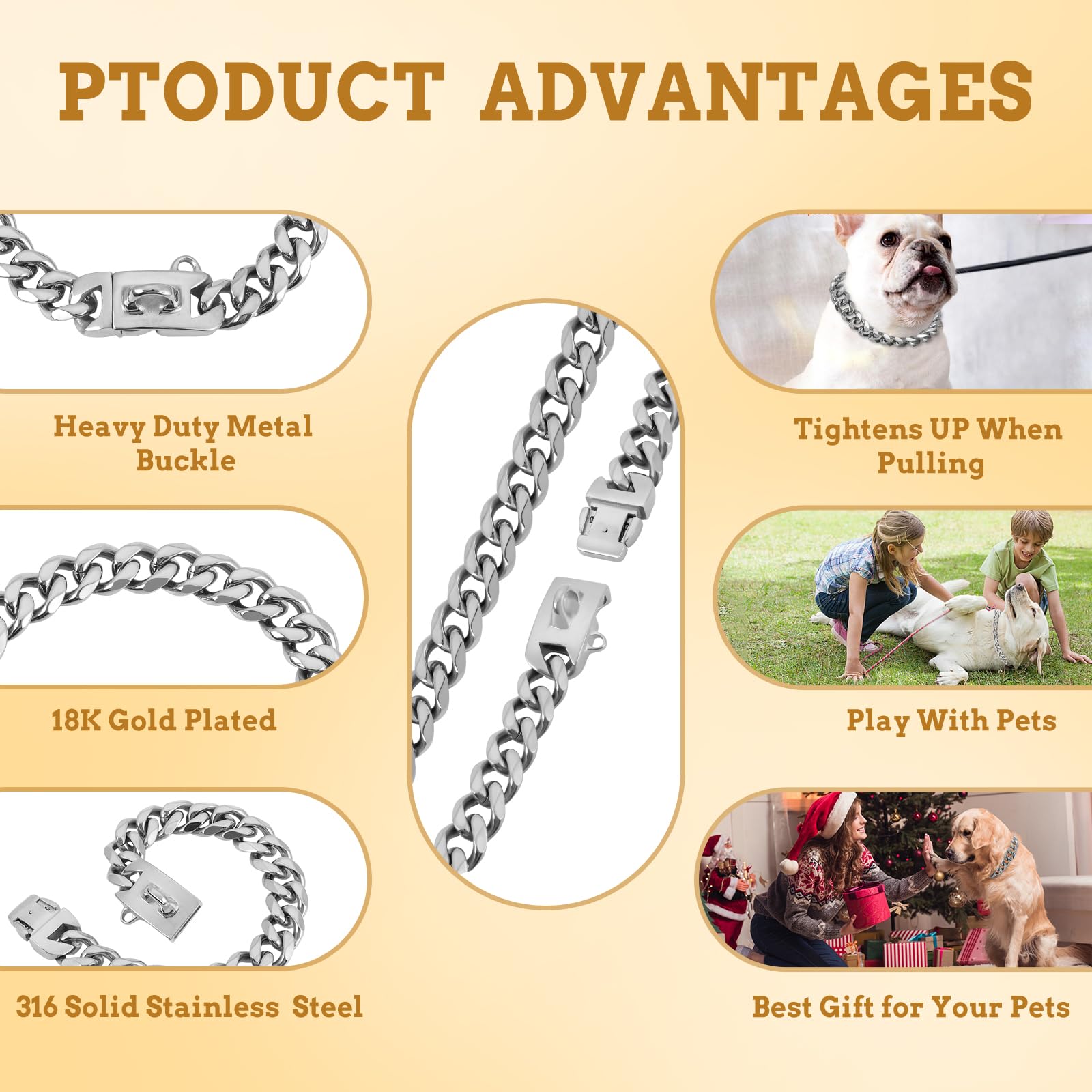 Baobote 15Mm Silver Stainless Steel Dog Collar With Cuban Link Chain Heavy Duty Chew Proof Training Collar For Dogs(24' Silver)