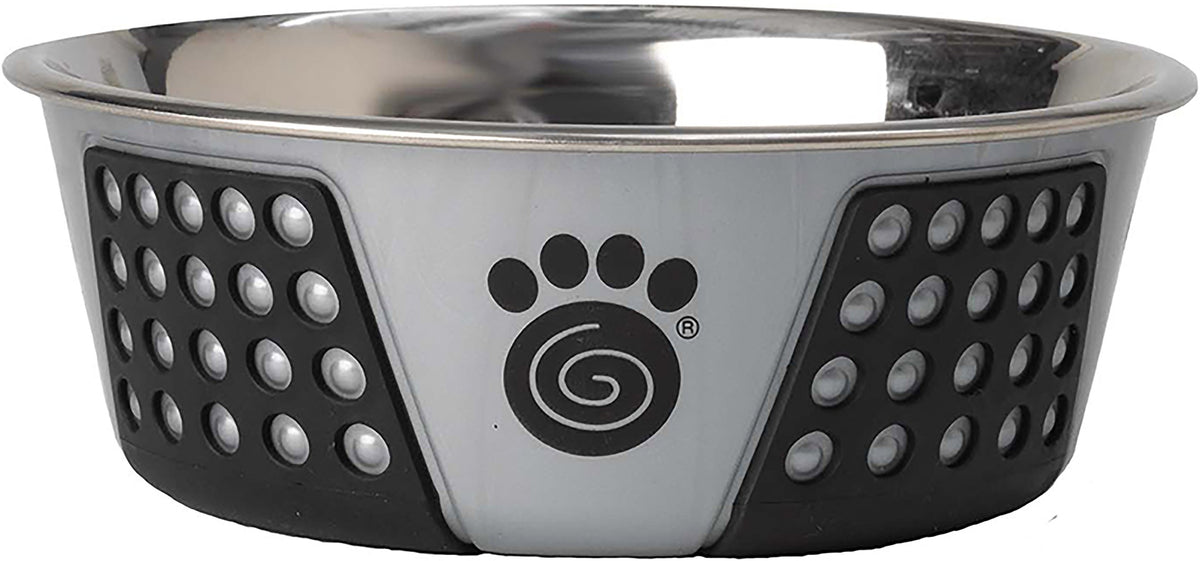 Petrageous 13098 Fiji Stainless Steel Non-Slip Dishwasher-Safe Dog Bowl 3.75-Cup Capacity 6.75-Inch Diameter 2.5-Inch Tall For Medium And Large Dogs, Light Grey And Black