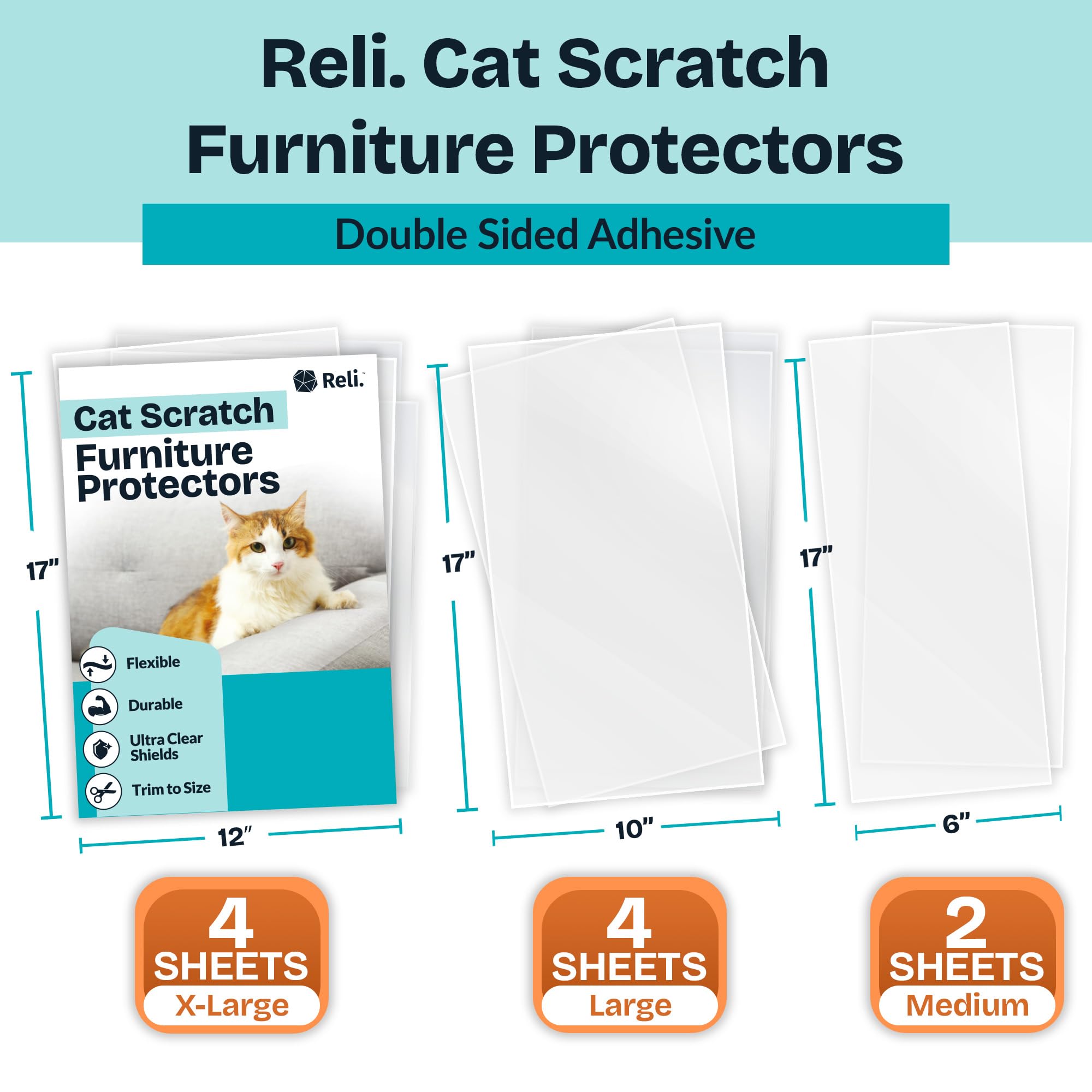 Reli. Cat Scratch Furniture Protector (10 Pack, Double Sided), Combo Pack | Cat Couch Protector From Claws/Clear Anti Scratch Fu