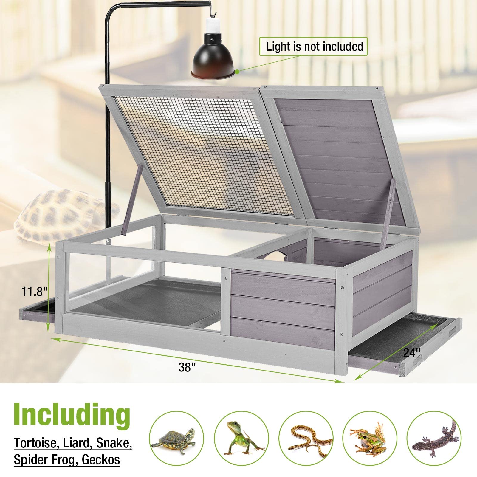 Medehoo Tortoise Habitat Indoor Tortoise Enclosure Large Wooden Turtle House Outdoor Small Animals Reptile Cage, Two Trays, Ligh