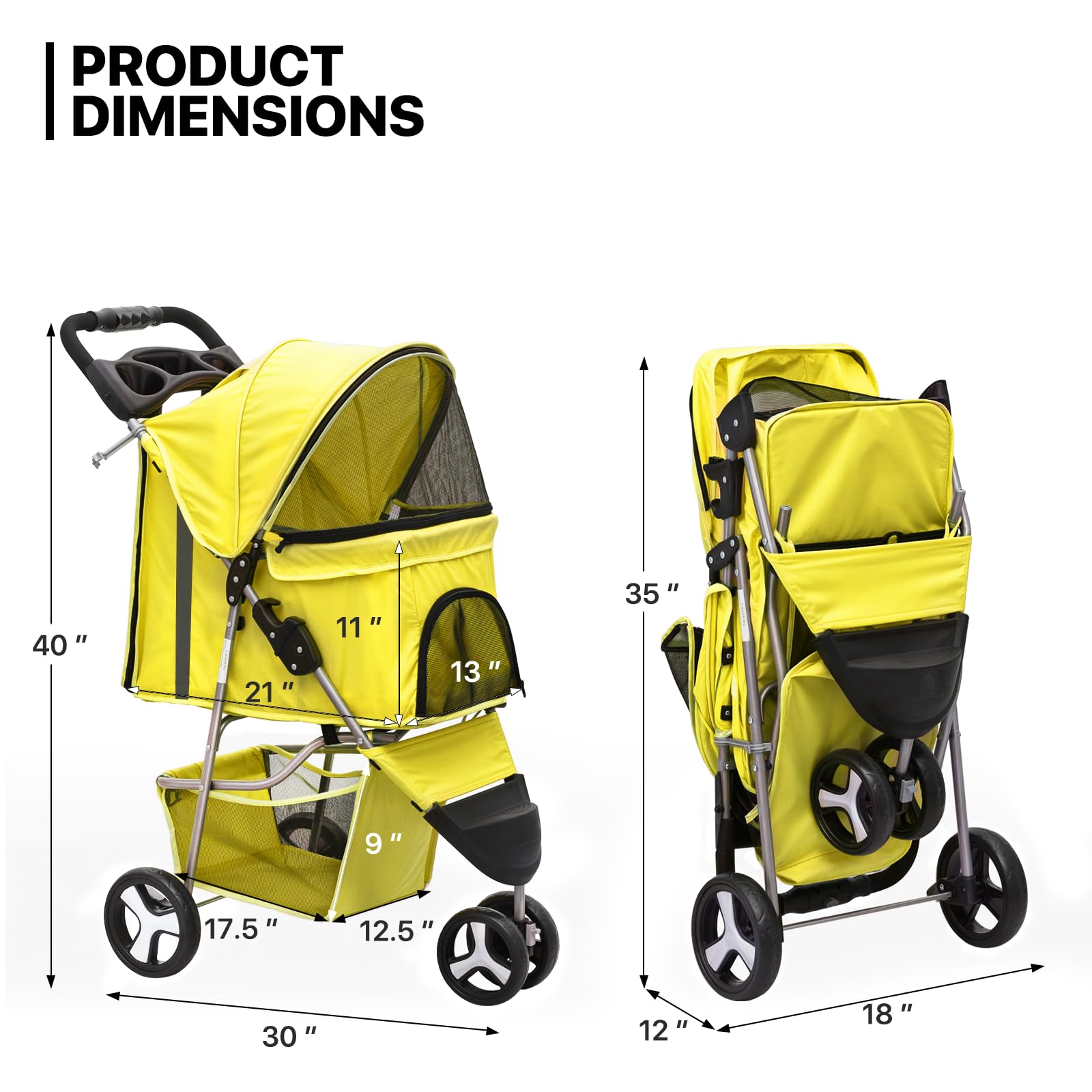 Monibloom Foldable Pet Stroller With Waterproof Cover, 3-Wheels Dog Strolling Cart For Small/Medium Dogs And Cats With Storage Basket And Cup Holder, Breathable And Visible Mesh For All-Season, Yellow