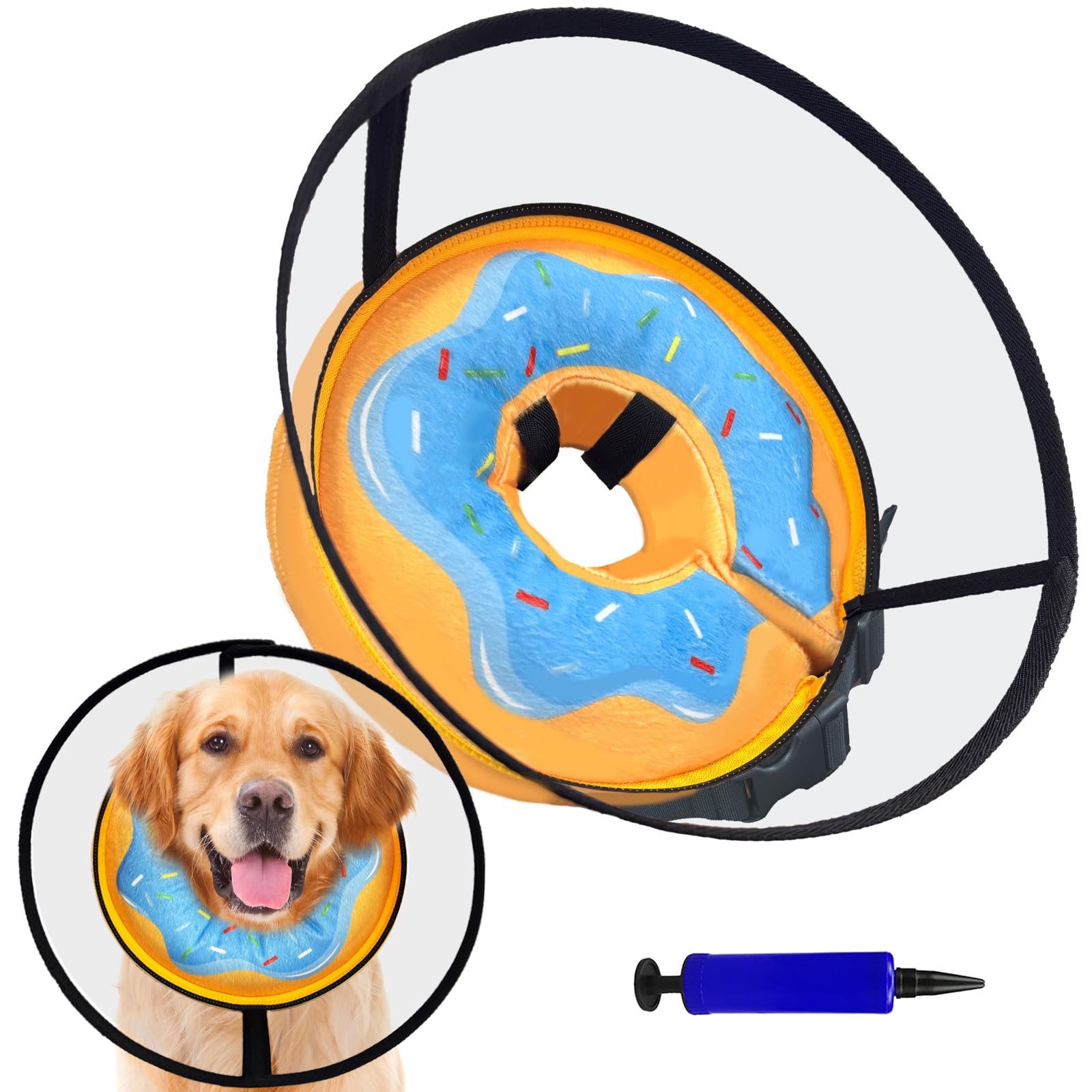 Inflatable Dog Cone Collar, Soft Dog Cone After Surgery, for M M+ L XL Dogs, with Detachable Anti Licking Shield and Inflator, 2