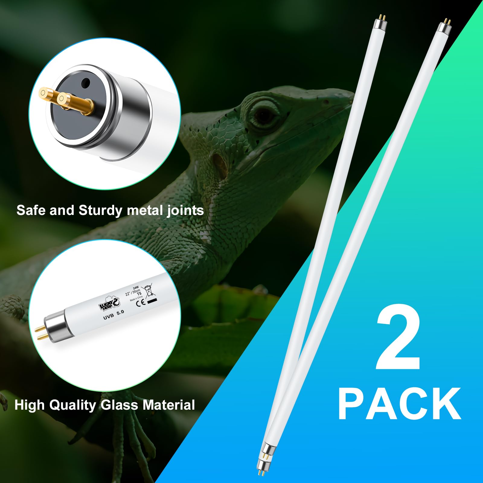 LUCKY HERP 2 Pack T5 UVB 5.0 Reptile Light 24W, UVA UVB Fluorescent Lamp Tube, UVB Lighting Bulb for Turtles, Chameleon, Tortois