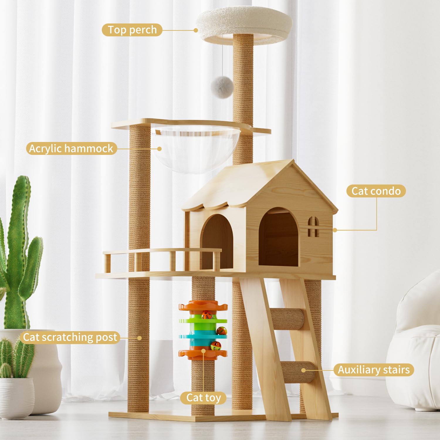 Elegaif Cat Tree, Wood Cat Tree Tower For Indoor Cats, 47.3'' Modern Cat Tower With Sisal-Covered Scratching Posts And Top Perch