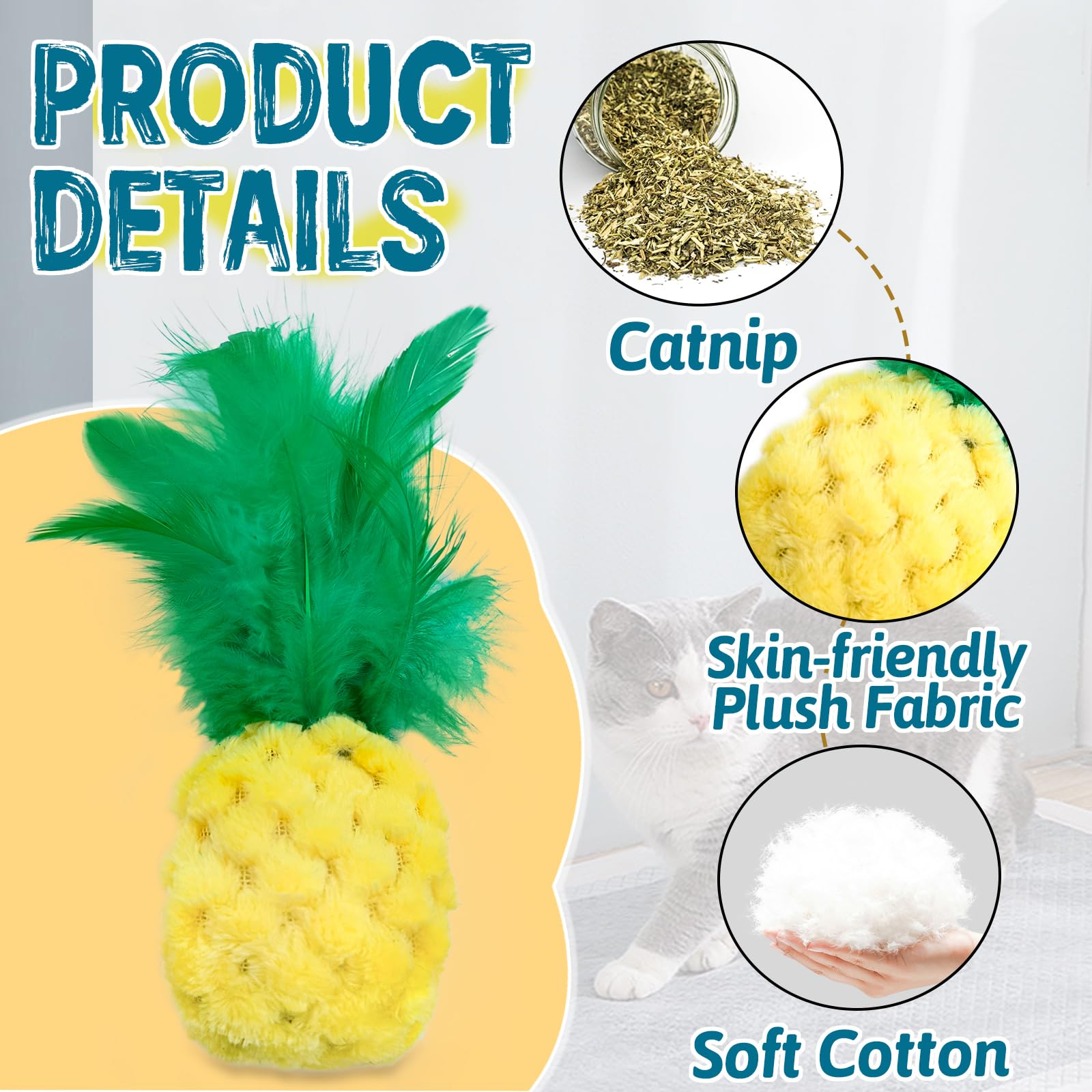 Andiker 2Pcs Cat Chew Toys, Cute Pineapple Shape Soft Cat Plush Toys With Smooth Skin-Friendly Plush Fabric Containing Catnip En
