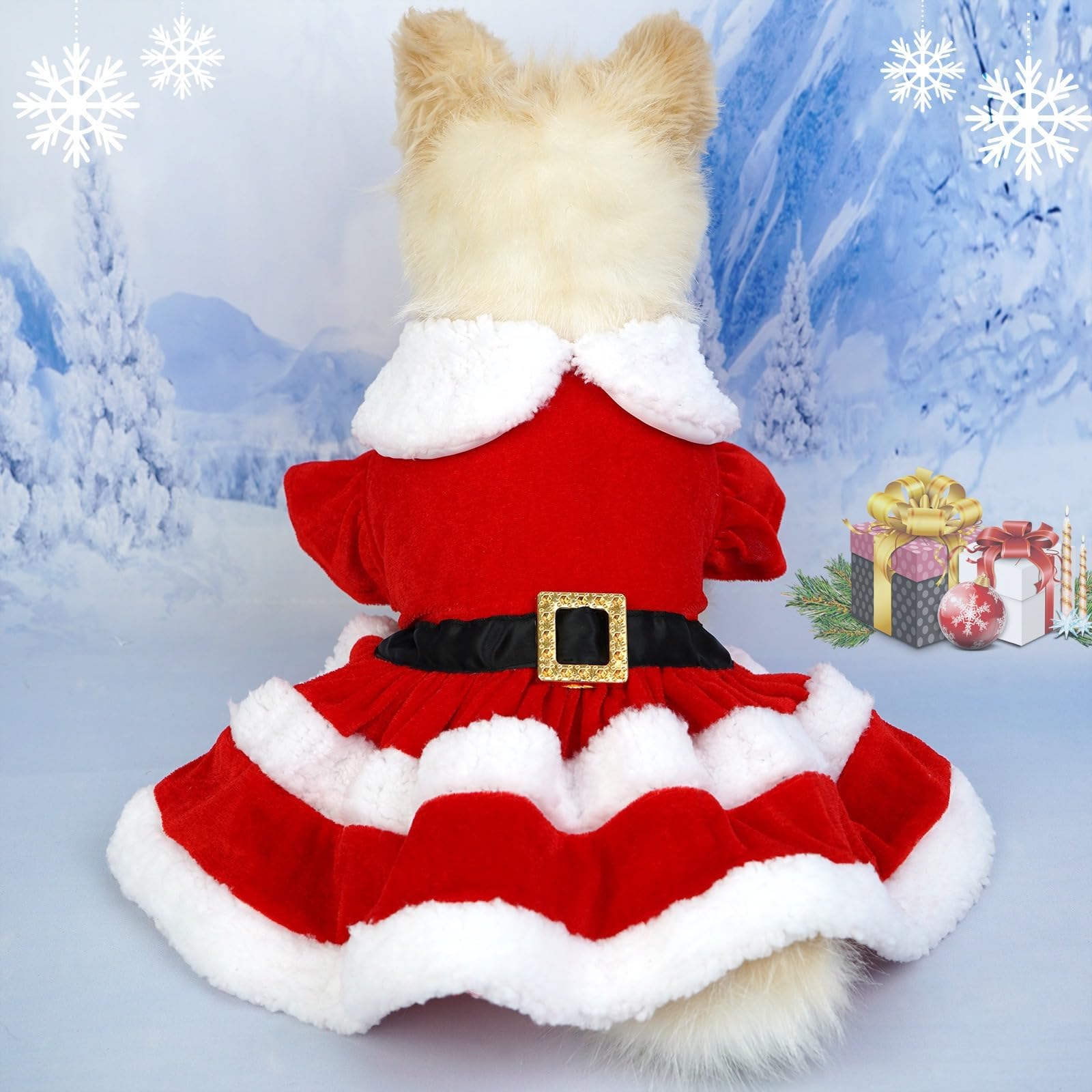 Dog Christmas Dress Puppy Outfit Shoulder Sleeve Clothes With 1 Hat Accessory Cute Red Santa Holiday Polar Fleece Edge Soft Ther