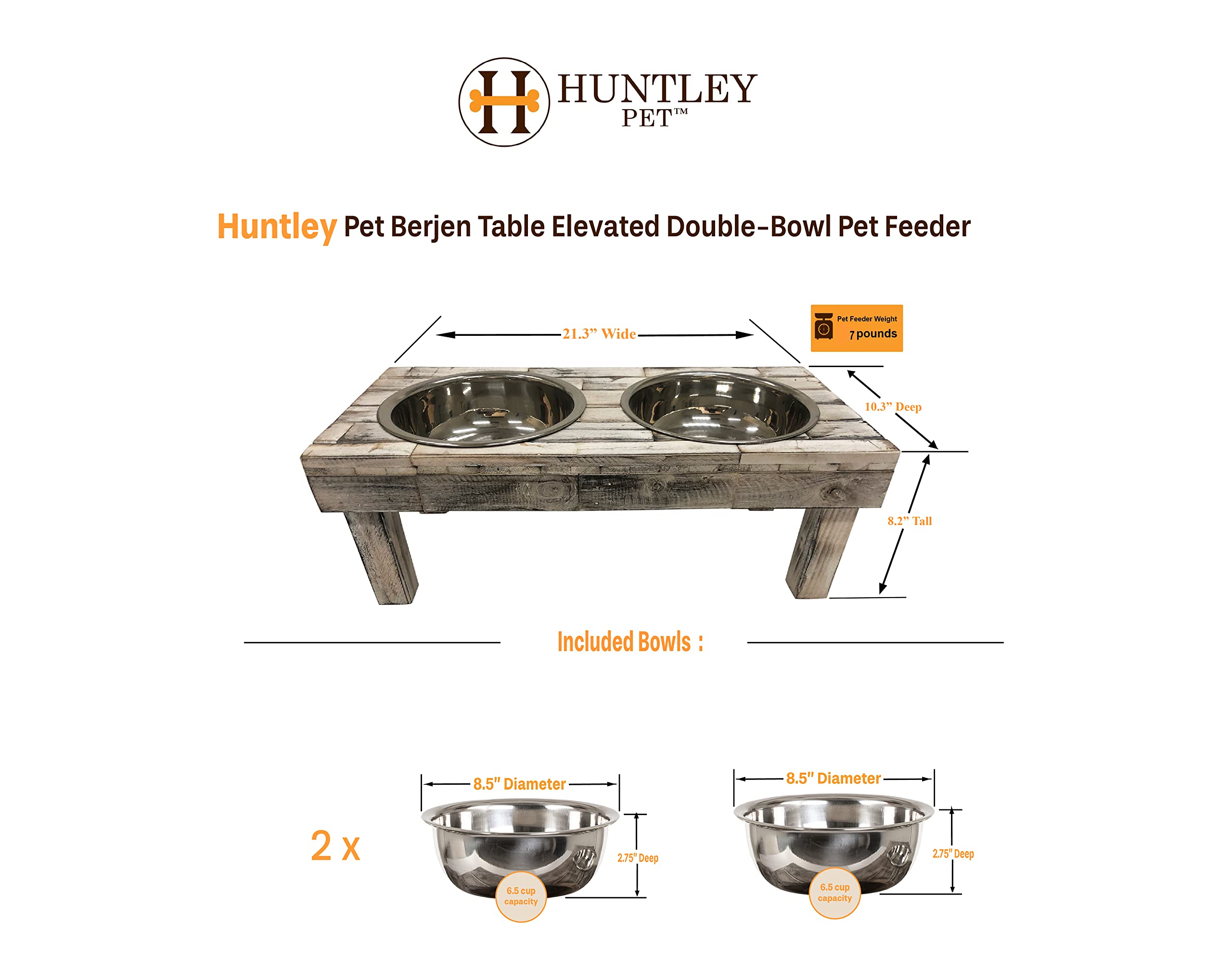 Huntley Equestrian Pet Berjen Table Elevated Double Bowl Pet Feeder, Brown Wash (Large) (02189)