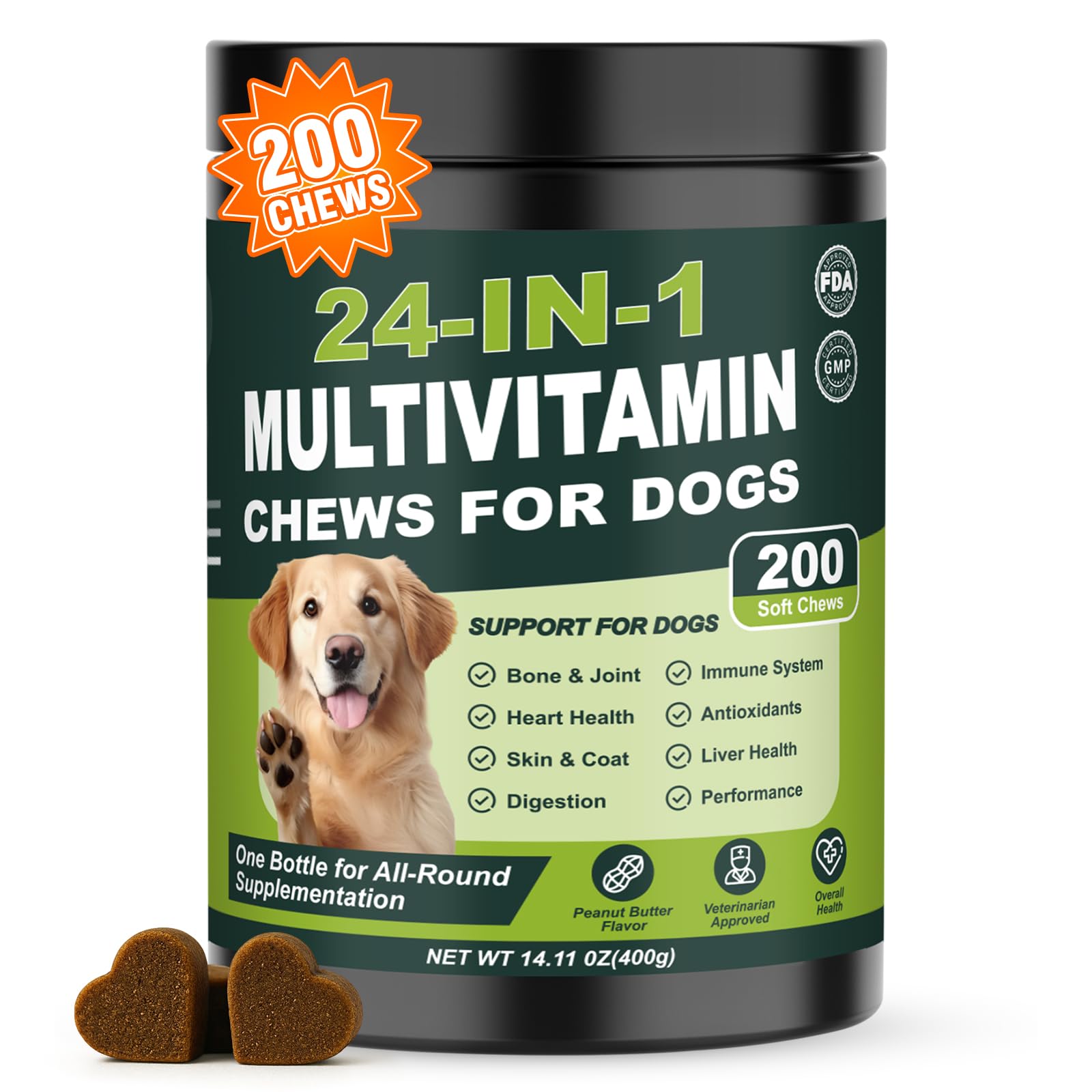 24-in-1 Dog Multivitamins Chewable, 200 Count Dog Vitamins and Supplements with Glucosamine Chondroitin Probiotics Omega-3 for S
