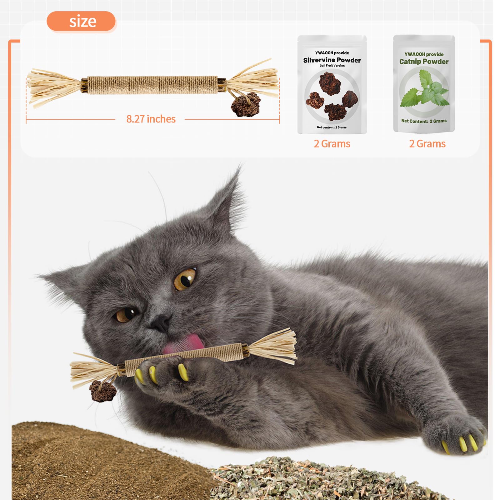 YWAOOH Cat Toys, 6 Silvervine Chew Sticks & 1PCS Organic Catnip & 1PCS Silvervine Powder, Cat Dental Toys for Kitten Teeth Clean