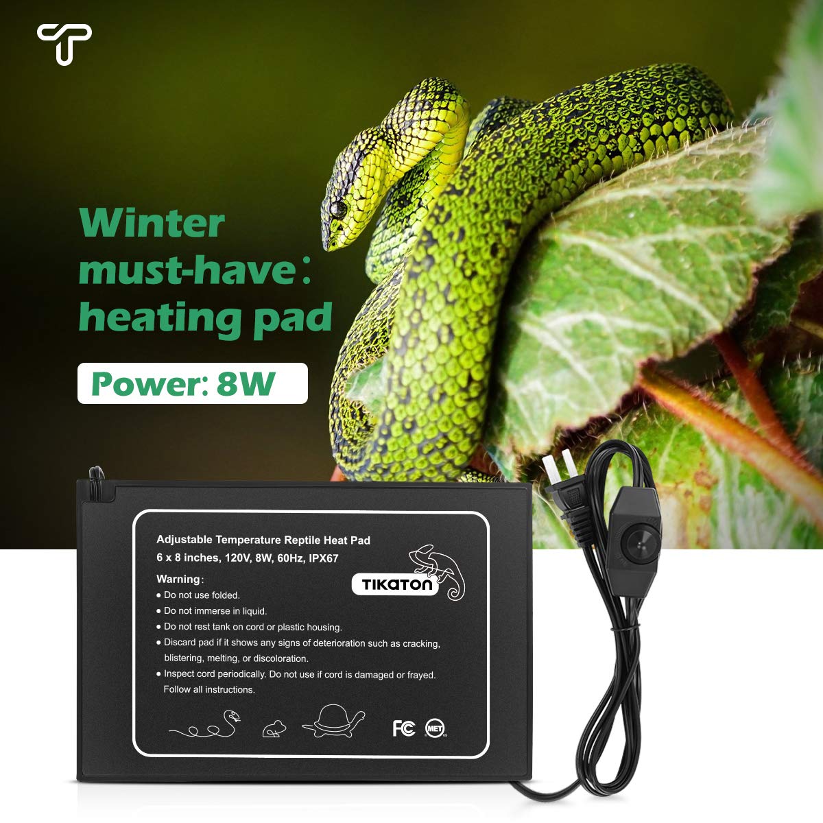 Tikaton Reptile Heat Pad - Adjustable Temperature Under Tank Heater For 10-20Gal/30-40Gal Tank, Terrarium Heat Mat For Turtle/Snake/Lizard/Frog/Spider/Plant Box