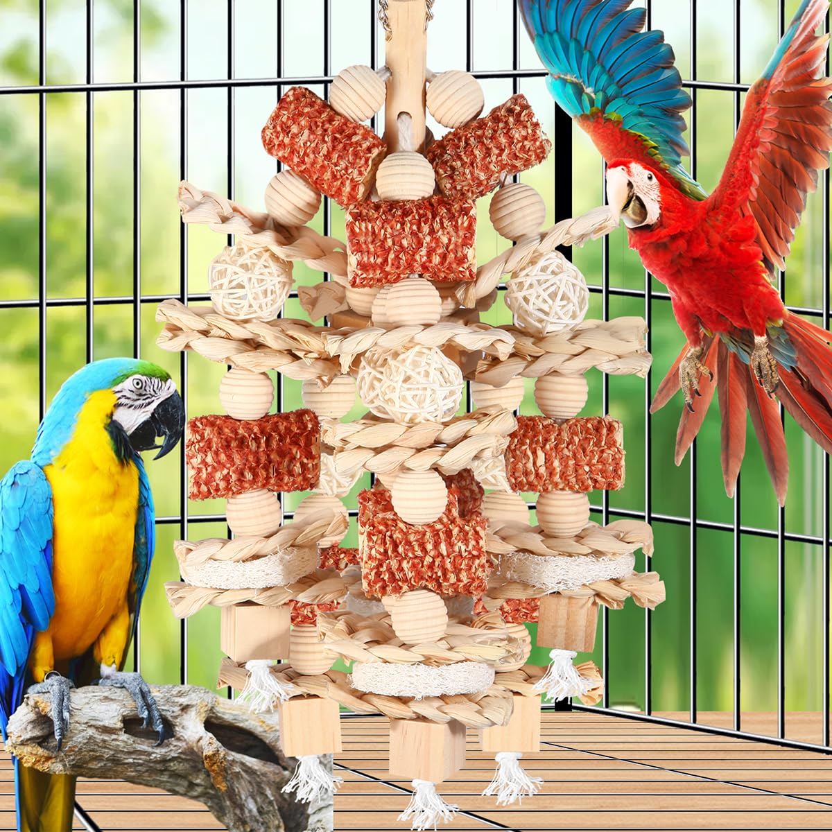Bird Toys - Natural Corn Cob And Loofah Slices For Large Parrots, Like African Grey, Macaws, Cockatoos And Amazon Parrot - Woode