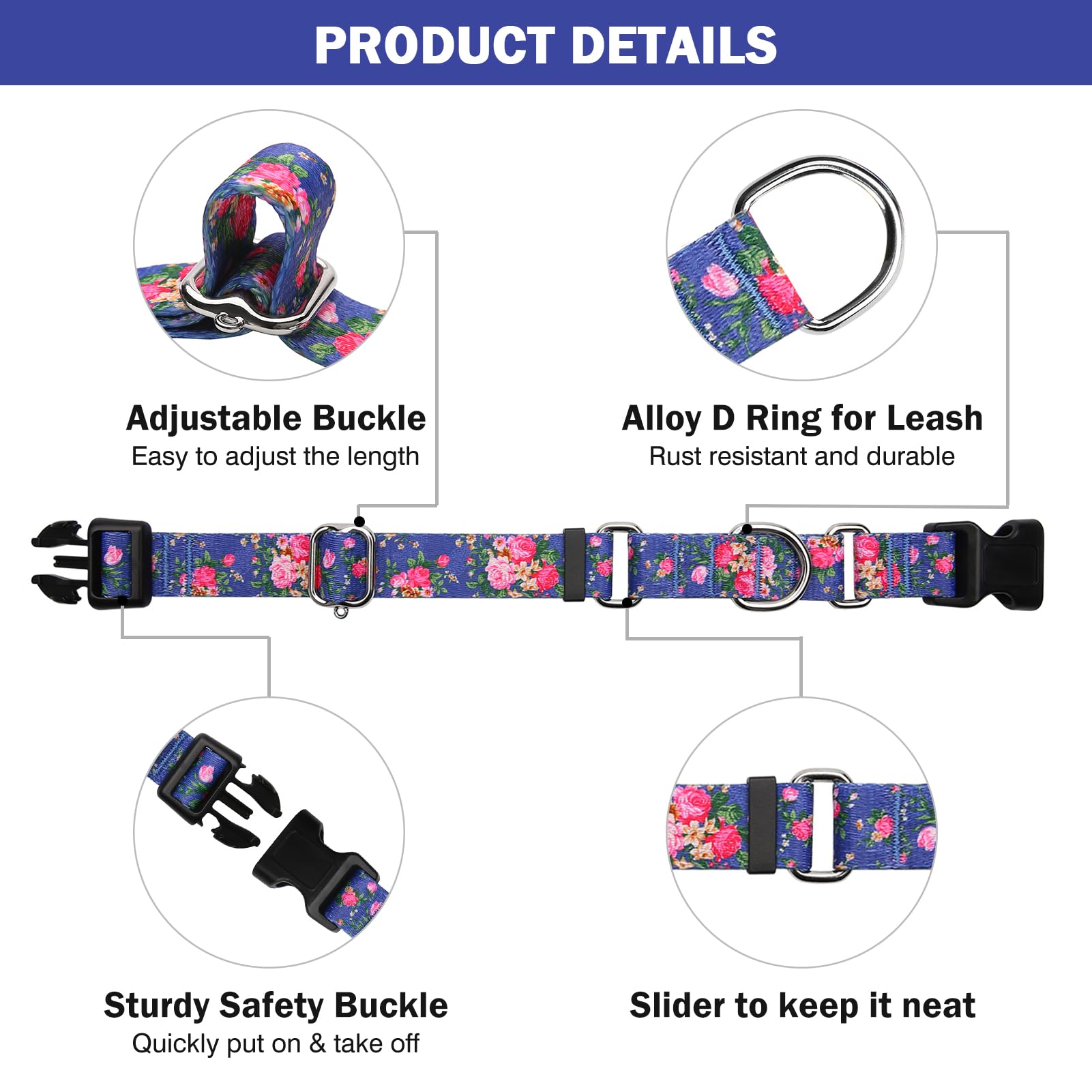 Hikiko Martingale Collar For Dogs Girl Dog Collars For Small Medium Large Dogs With Cute Female No Pull Dog Collar(Blue Rose,Lar