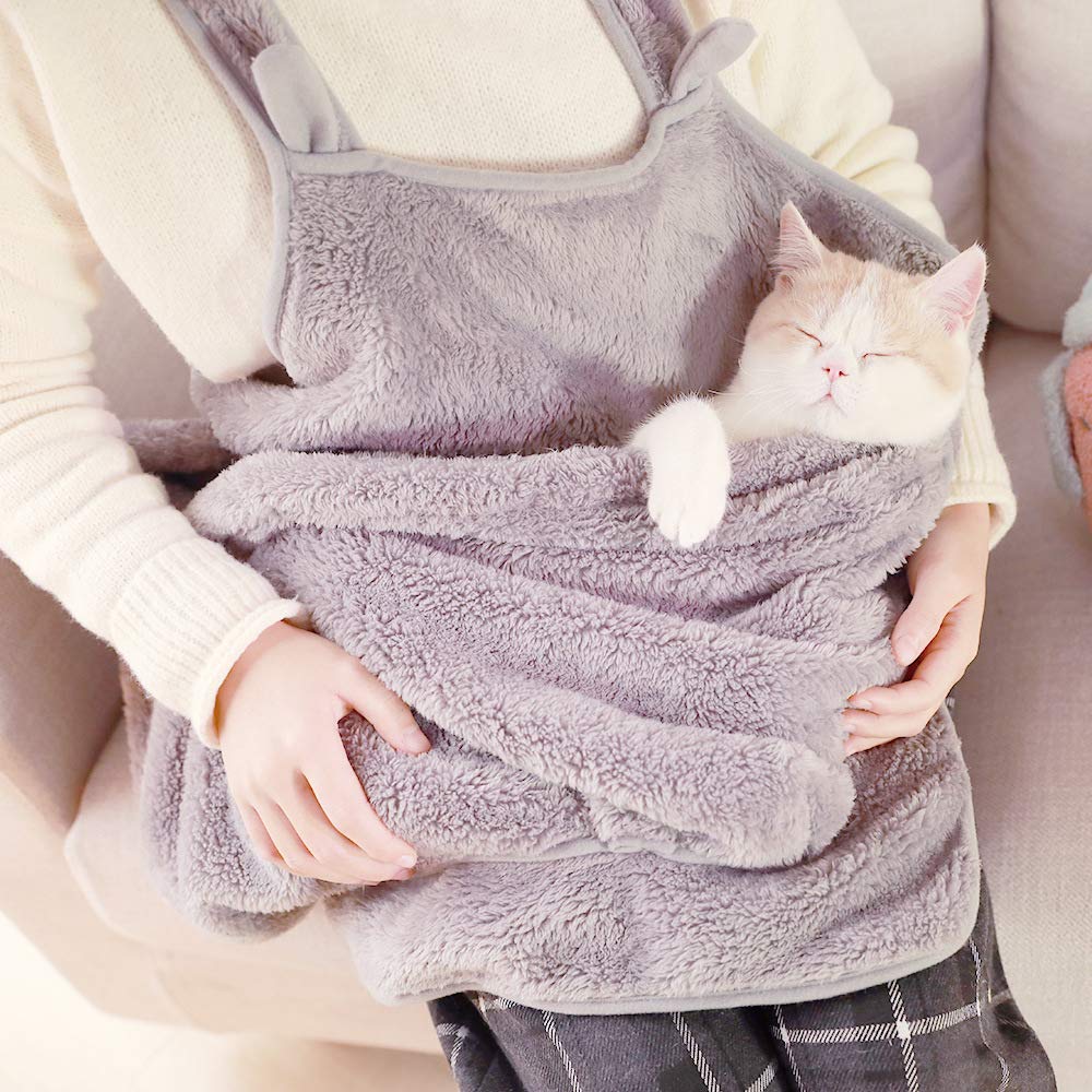 Cat Sleeping Bag Holding Apron Pet Carrier Kangaroo Bag For Kitty Kitten Fleece Puppies Small Pets Holder Pouch (One Size, Grey)