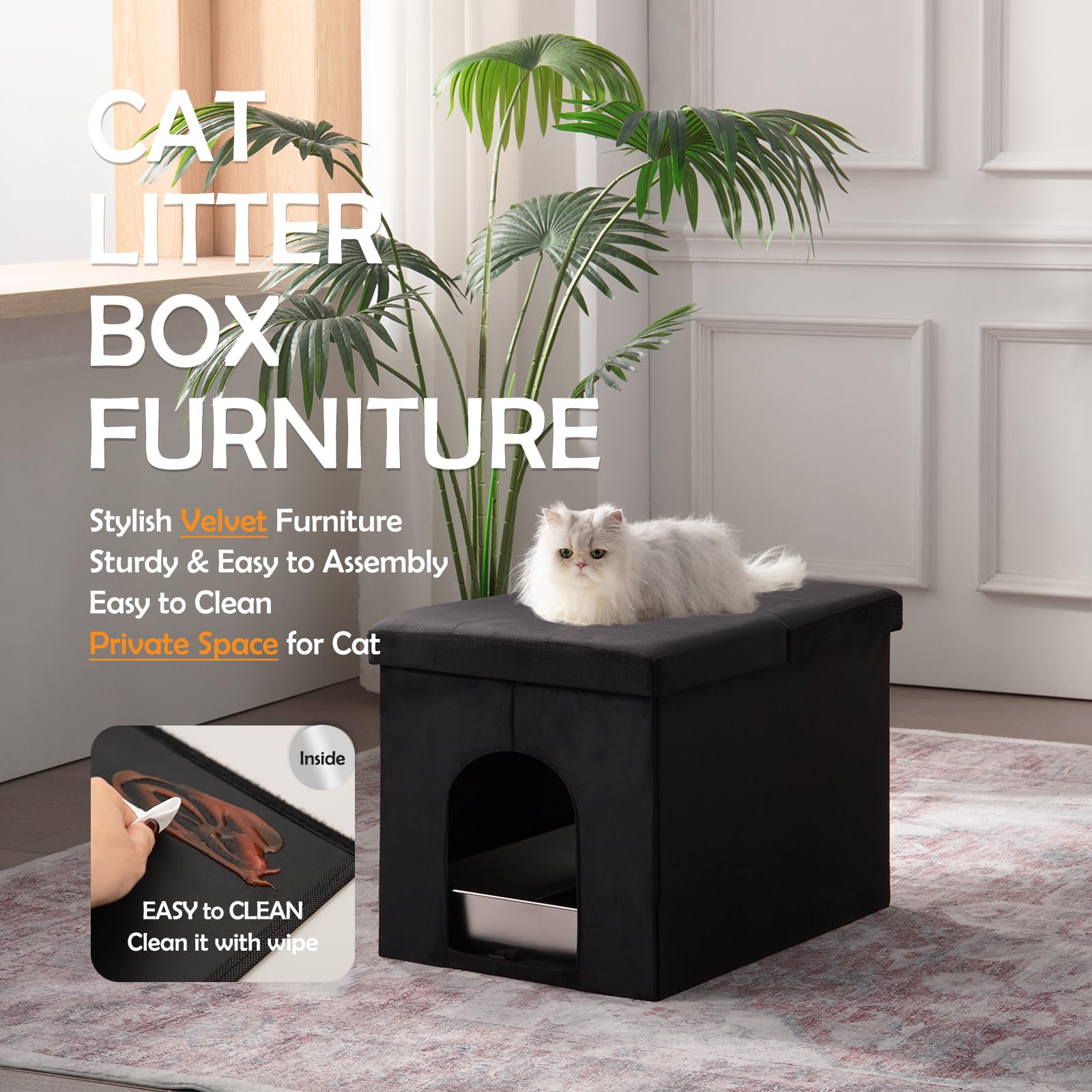 Meexpaws Hidden Cat Litter Box Furniture, Cat Litter Box Enclosure,Velvet Lift-Top Design,Large Litter Box Bench(25''X18''X18'')