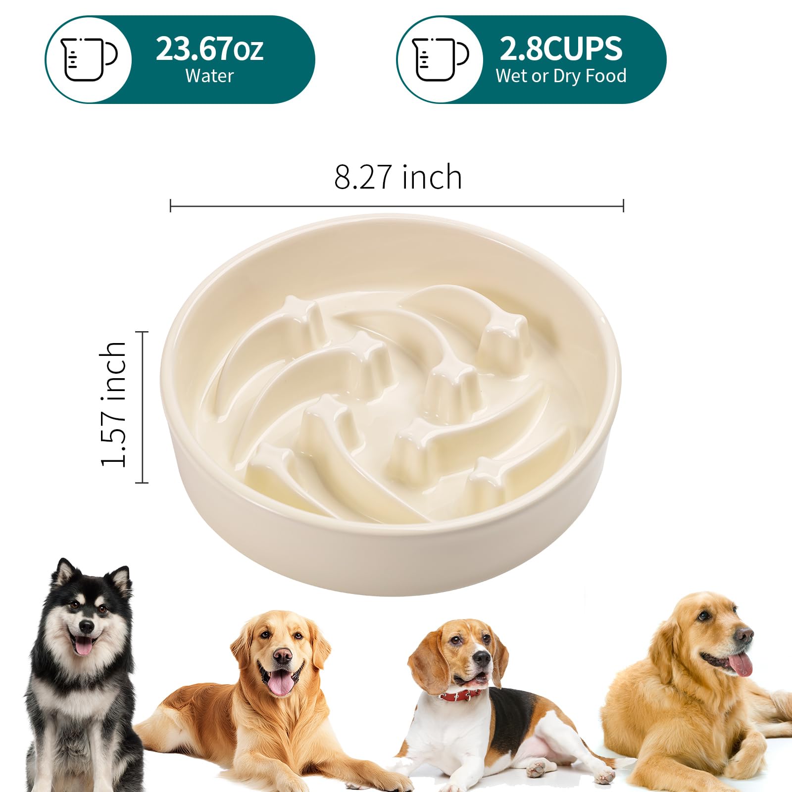 8.26 in Milk White Dog Bowl Slow Feeder Ceramic for Medium and Large Breed,Pet Feeding Dog Food Water Dish Heavy Weighted,Puppy