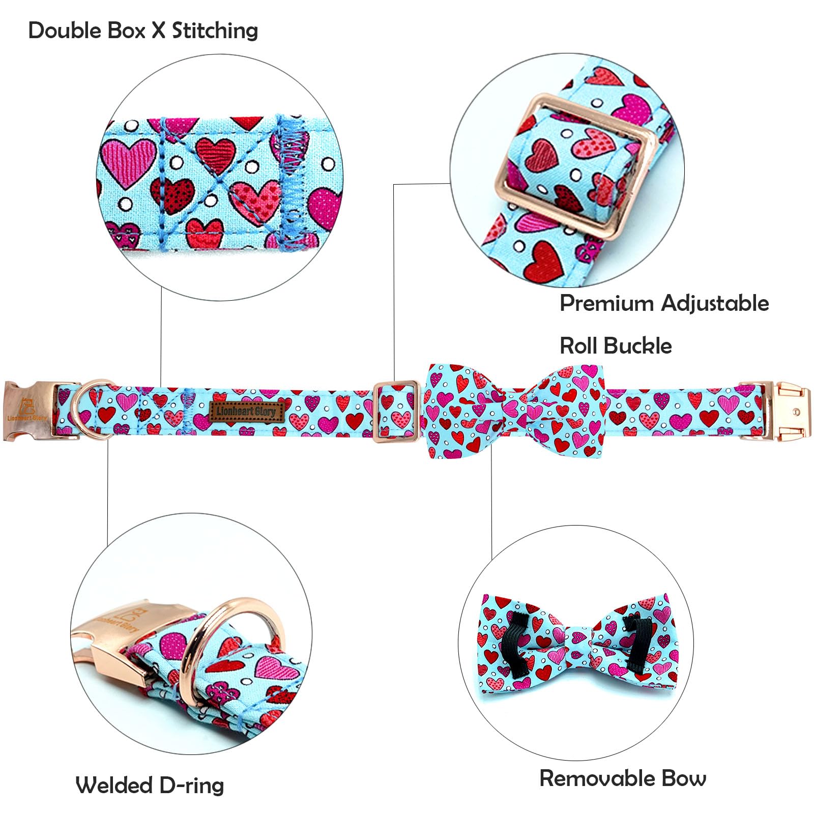 Lionheart Glory Valentine'S Day Dog Collar - X-Large Red Hearts Print With Bowtie