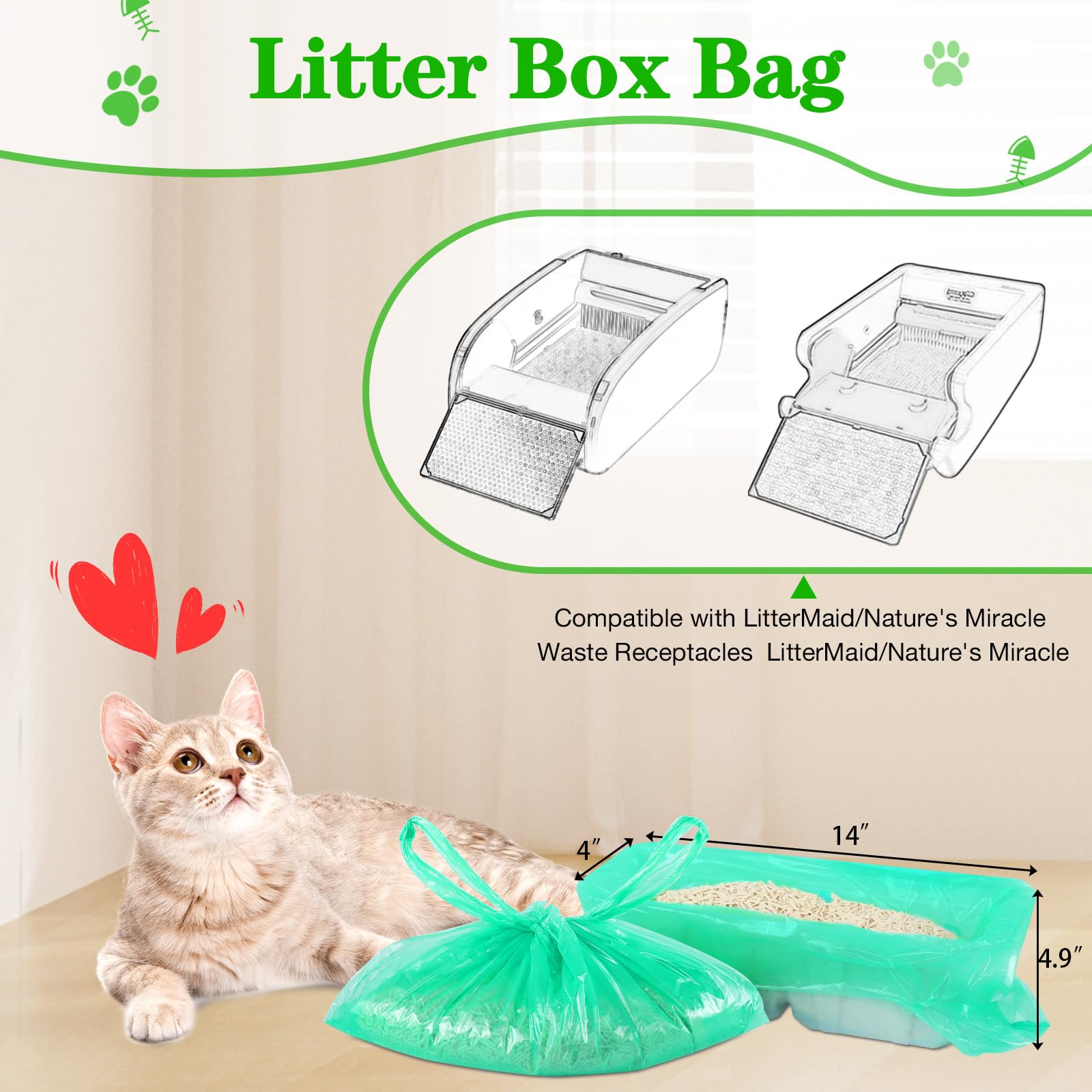 Criodoo Litter Box Liners Compatible With Littermaid/Nature'S Miracle Waste Receptacles, Green Unscented 220 Refill Bags With Ha