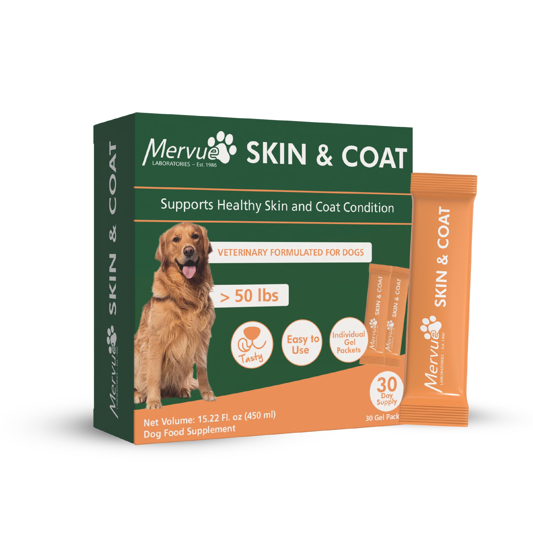 Mervue Skin and Coat Supplement for Dogs - Large Dog Omega 3 Supplement in Gel w/Zinc & Biotin to Support Gut Health - Tasty Dai
