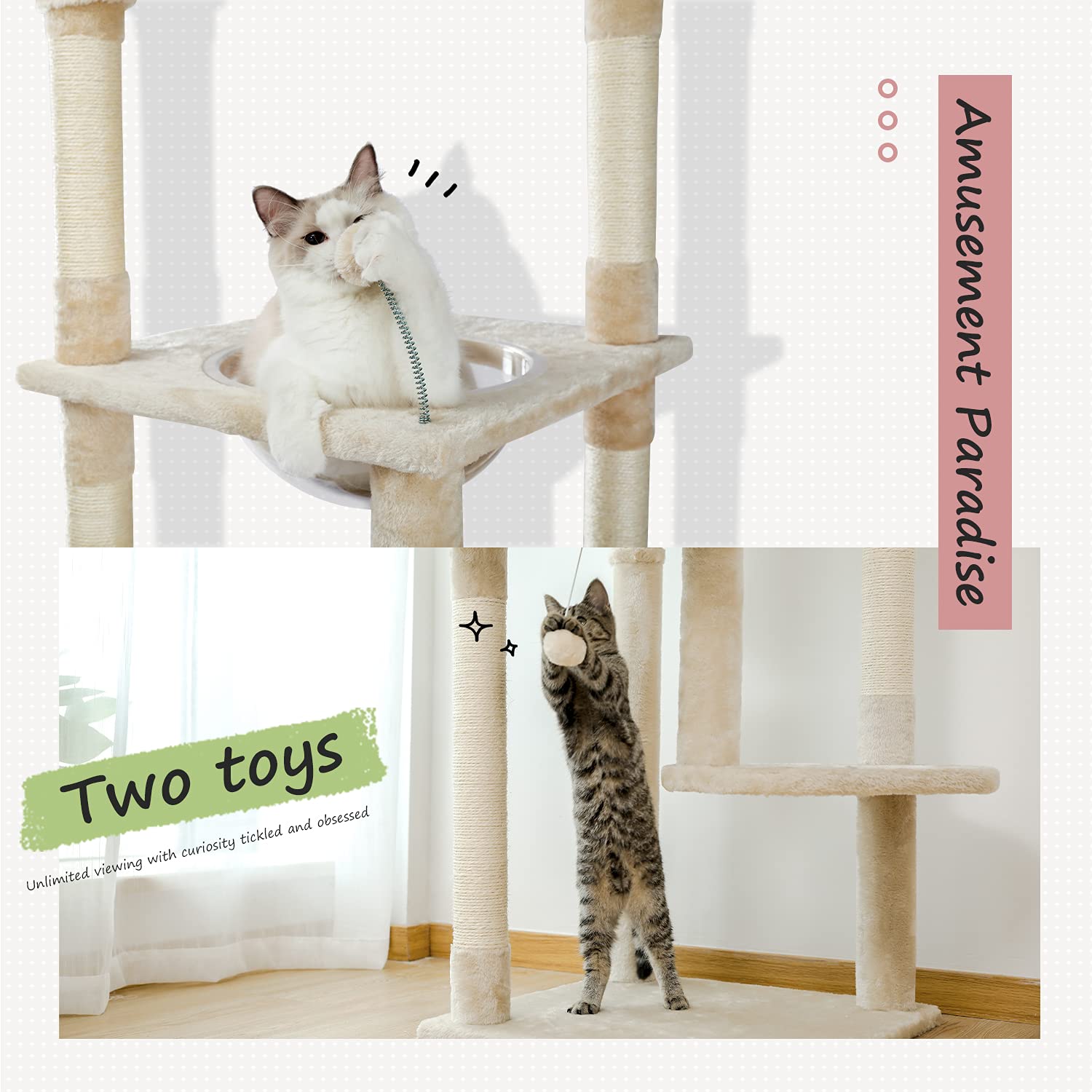 Pequlti Floor To Ceiling Cat Tree 93.3-100.8 Height Adjustable Wooden Cat Tower Tall Climbing Play House With Scratching Posts,