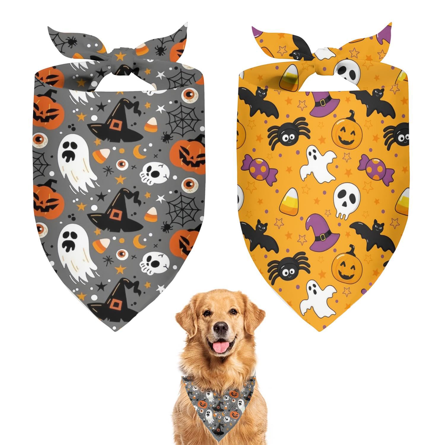 Cute Halloween Dog Bandanas 2 Pack, Pumpkin Cartoon Ghost Skeleton Spider Dog Scarf, Handkerchief Scarves Gifts For Puppy Large 