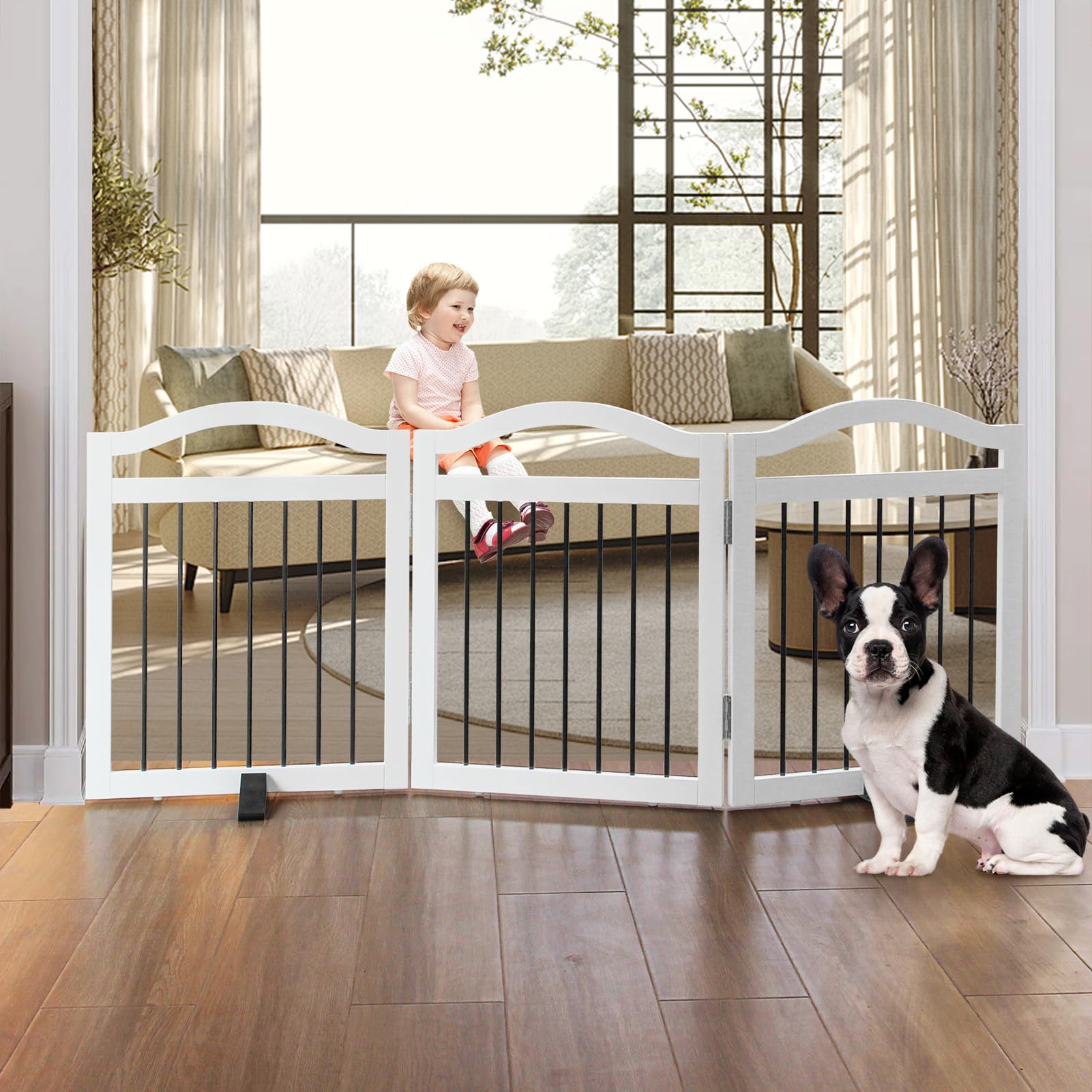 Zjsf Freestanding Foldable Dog Gate Indoor, Pet Gate For Doorways, Dog Fence For The House, Sturdy Wood Puppy Gate For Stairs, White Dog Gates With Support Feet For Hallways, 24 'Height-3 Panels