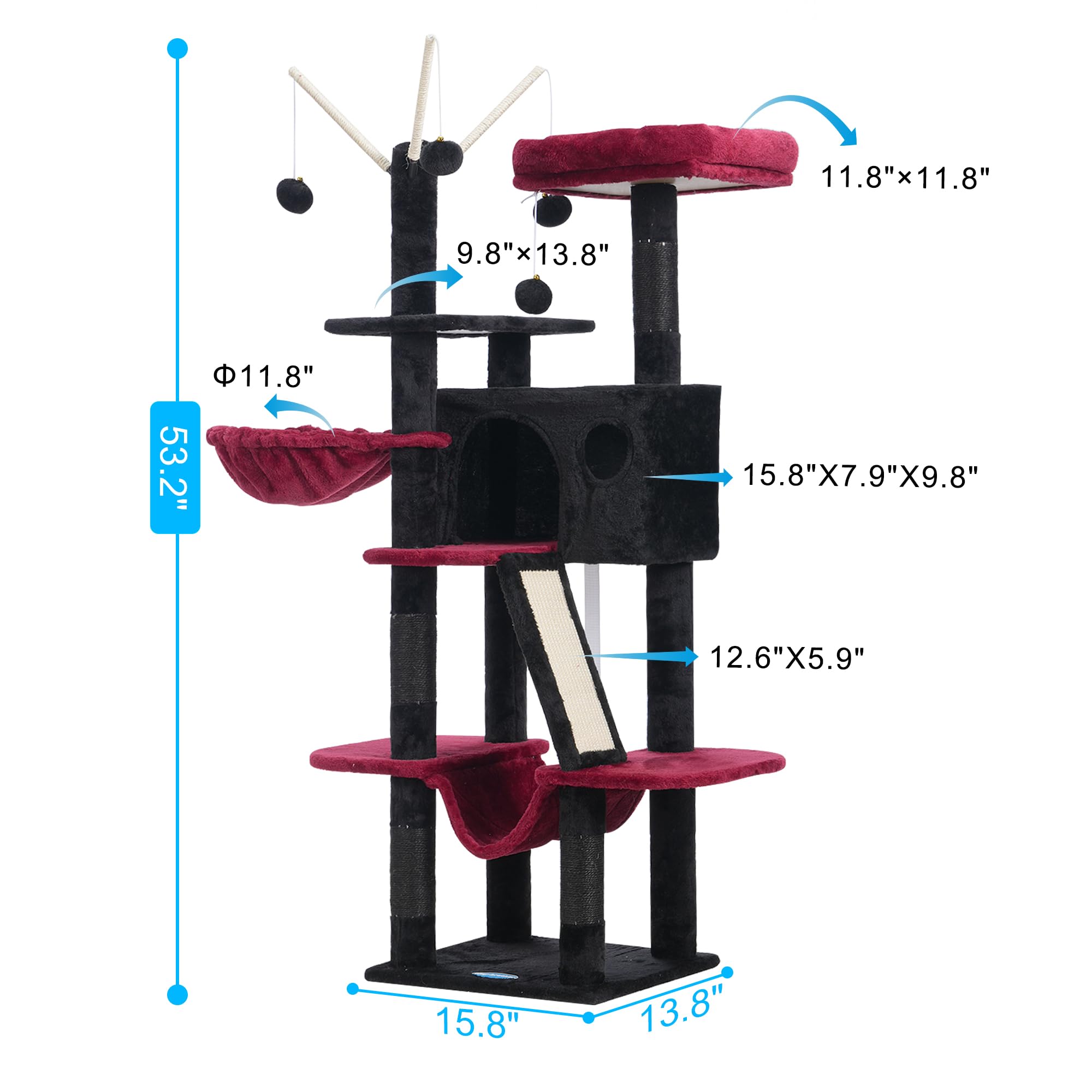 Hey-Brother Gothic Cat Tree, 53 Inch Cat Tower For Indoor Cats, Cat House With Padded Platform Bed, Toy Balls, Large Cozy Condo,