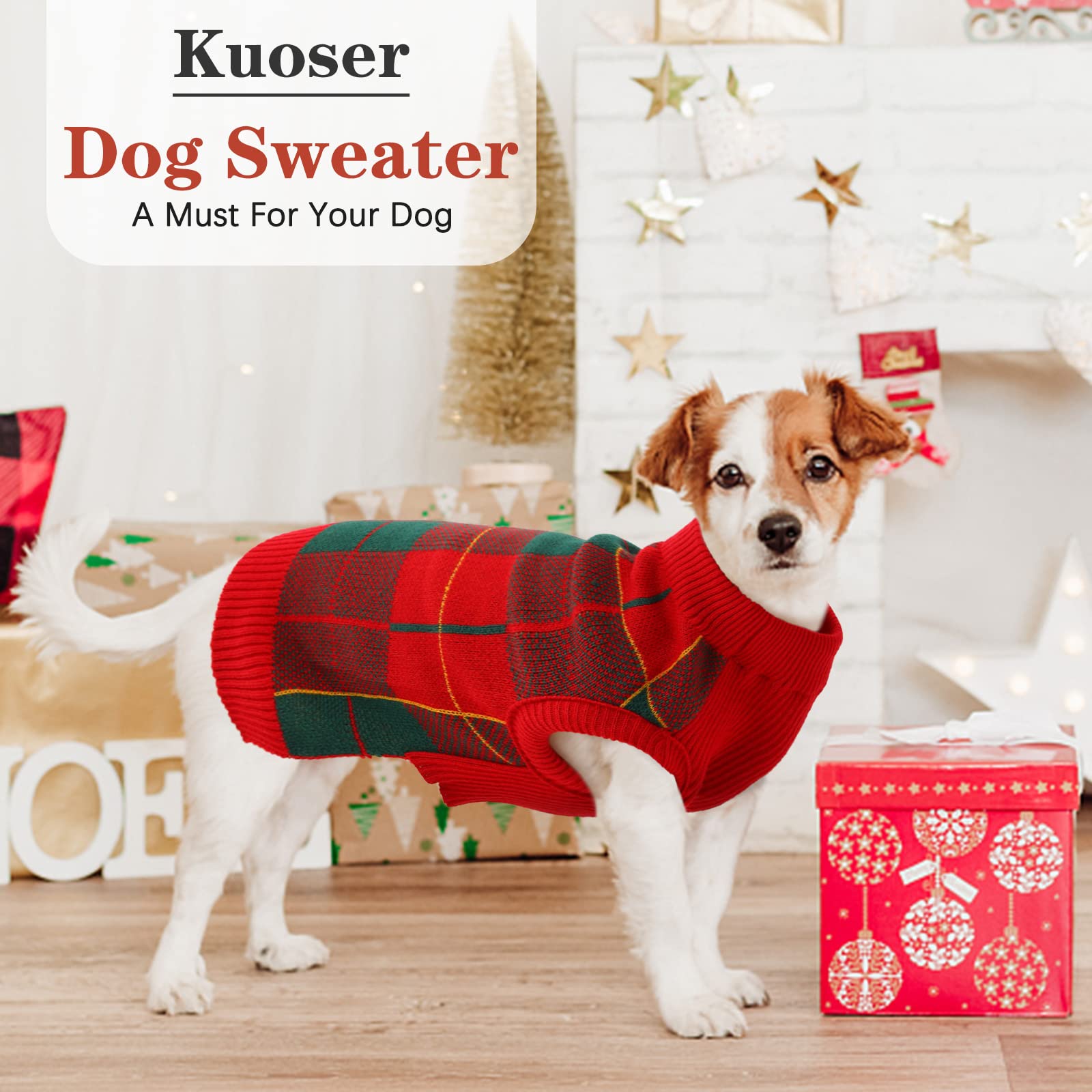 Kuoser Dog Sweater Pullover Knitwear, Dog Christmas Sweaters Classic Plaid Cable Knitted Wear, Dog Turtleneck Puppy Cold Weather Clothes For Small Medium Dogs