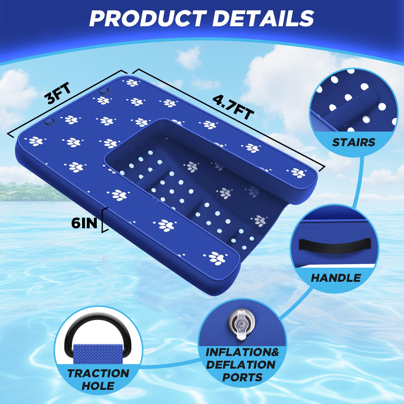 NGNFZQ Inflatable Dock Platform with Electric Pump, Non-Slip Water Ramp for Dogs, 4.7ft x 3ft x 6in, Blue, Model NGP462501