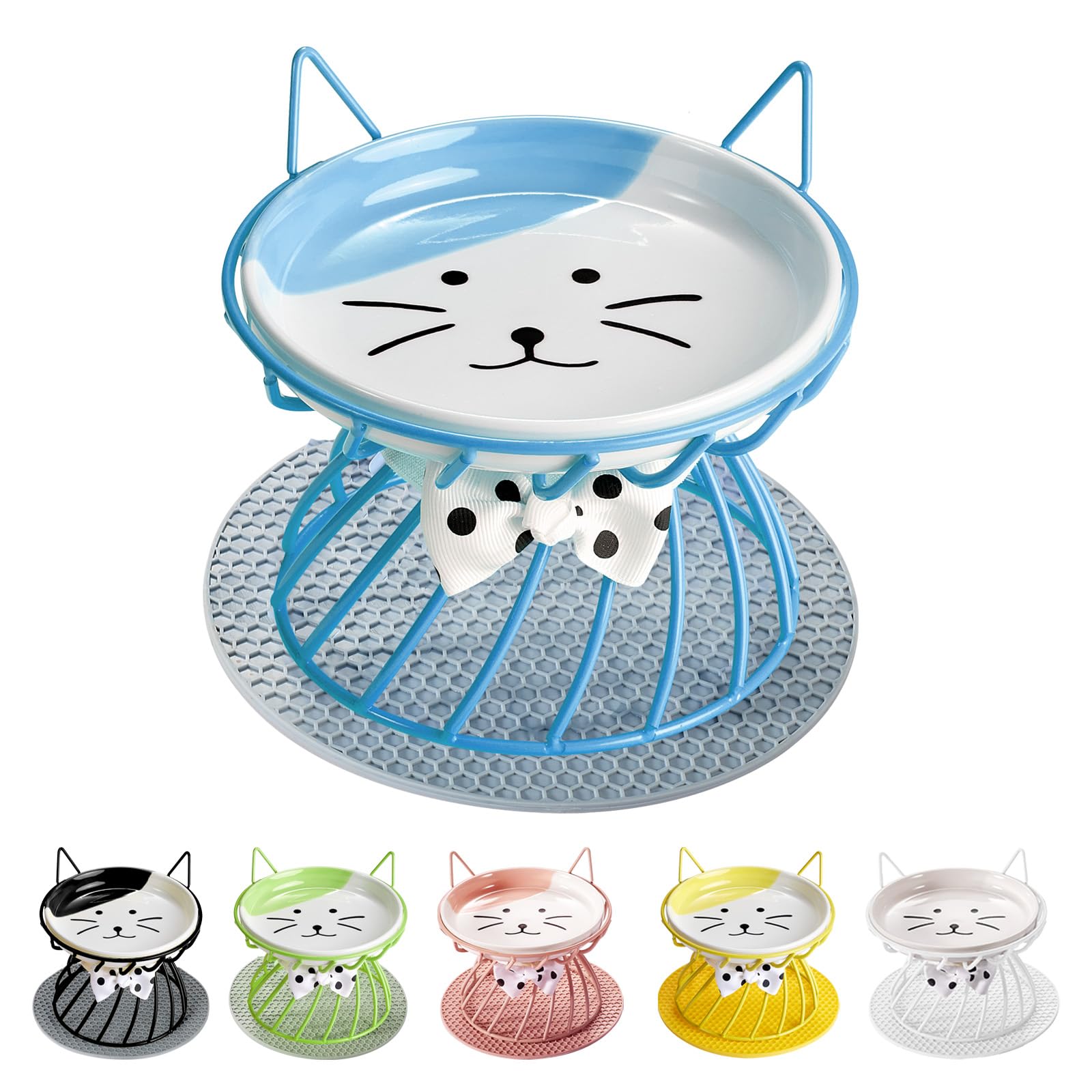 Raised Cat Food Bowl - Elevated Feeder Stand with Shallow Ceramic Dish, Whisker-Friendly No-Spill Water Bowl