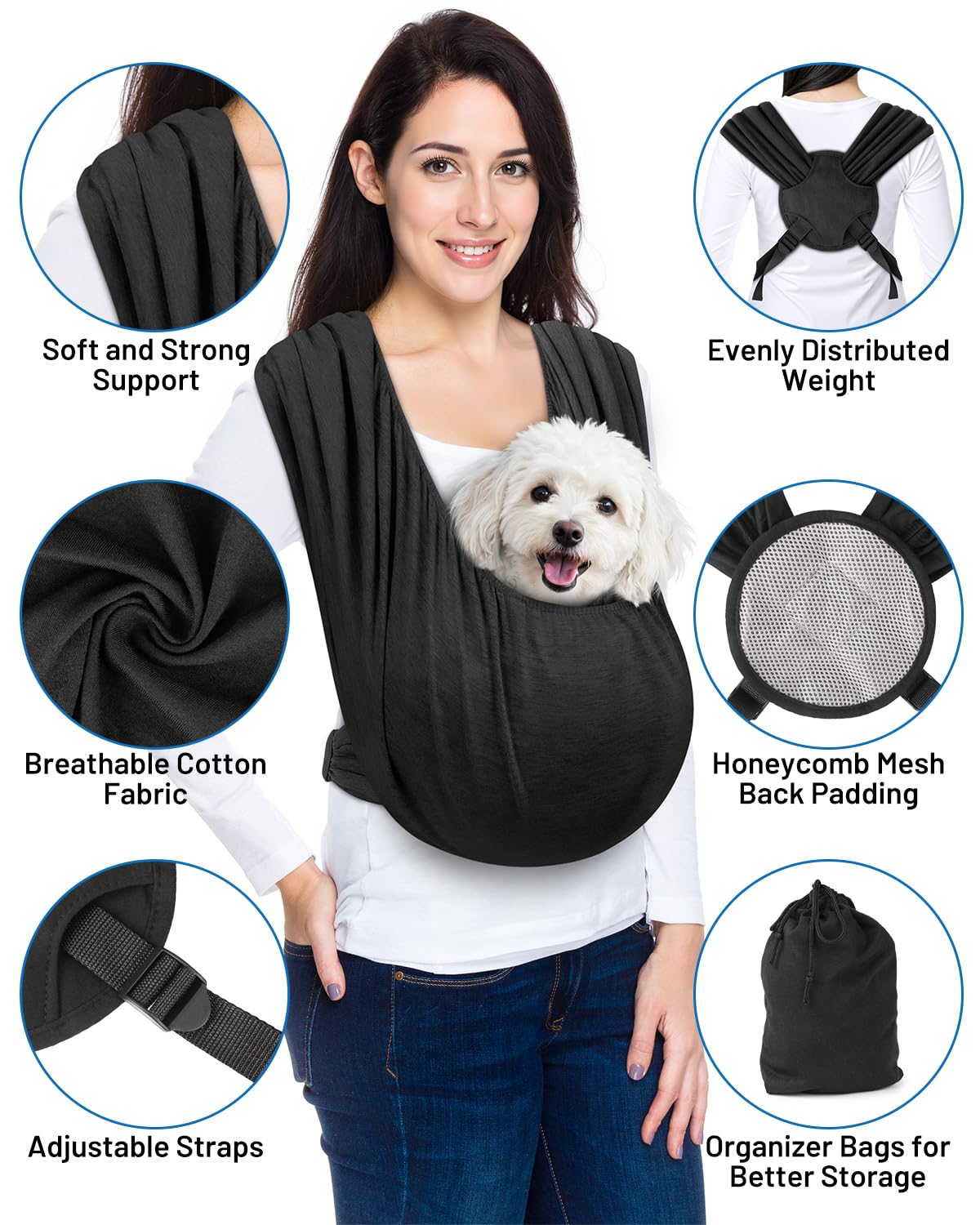 Dog Sling Carrier for Small Dogs, Front Pet Sling Carrier Chest, Adjustable Reducing Back Stress Cat Sling for Small Pet up to 2