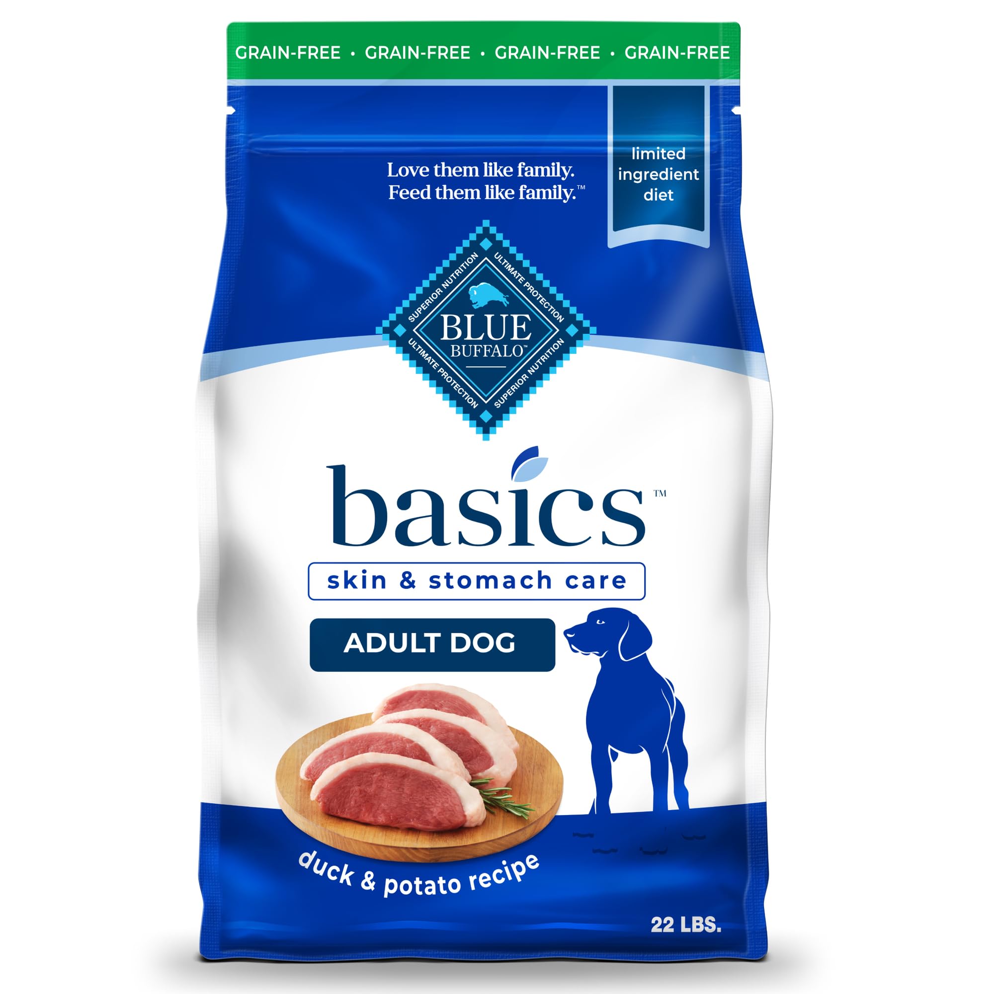 Blue Buffalo Basics Grain-Free Dry Dog Food for Adult Dogs, Limited Ingredient Diet, Duck Recipe, 22-lb. Bag