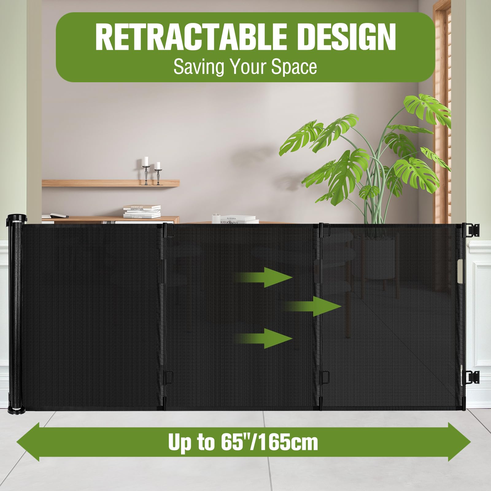 Baby Gate Extra Wide 65' Space Saving Retractable Mesh Gates For Kids Or Pets Movable Retractable Baby Gates Indoor Outdoor Retractable Gate Dog Gates For Doorways, Stairs, Black