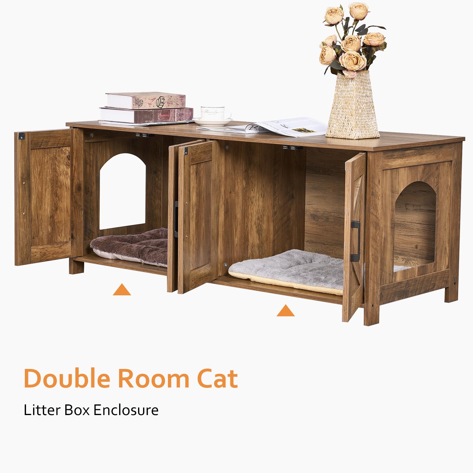 Homhedy Cat Litter Box Enclosure For 2 Cats, Wooden Pet Washroom Furniture With Double Room, Cat House, 47.2   L X 19.7   W X 19