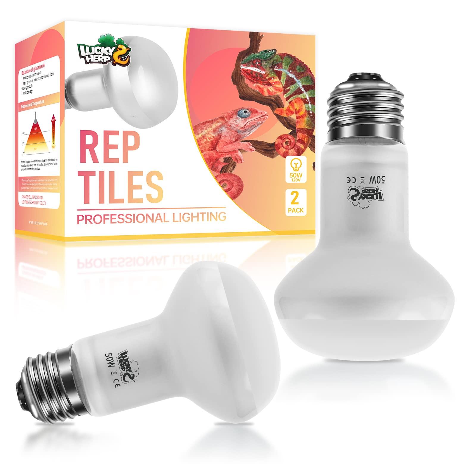 LUCKY HERP Intense Heat Lamp Bulbs for Reptiles 50W 2 Pack, UVA Daylight Reptile Heat Lamp, Reptile Basking Heat Light Bulb for 