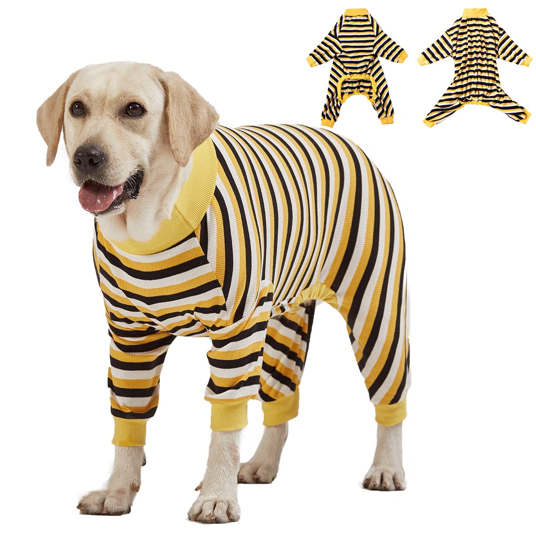 Lovinpet Big Dog Pajamas, Cotton Black And Yellow Stripe Dog Shirt, Full Coverage Dog Onesie, Large Breed Dog Jammies, Pet Pj'S/