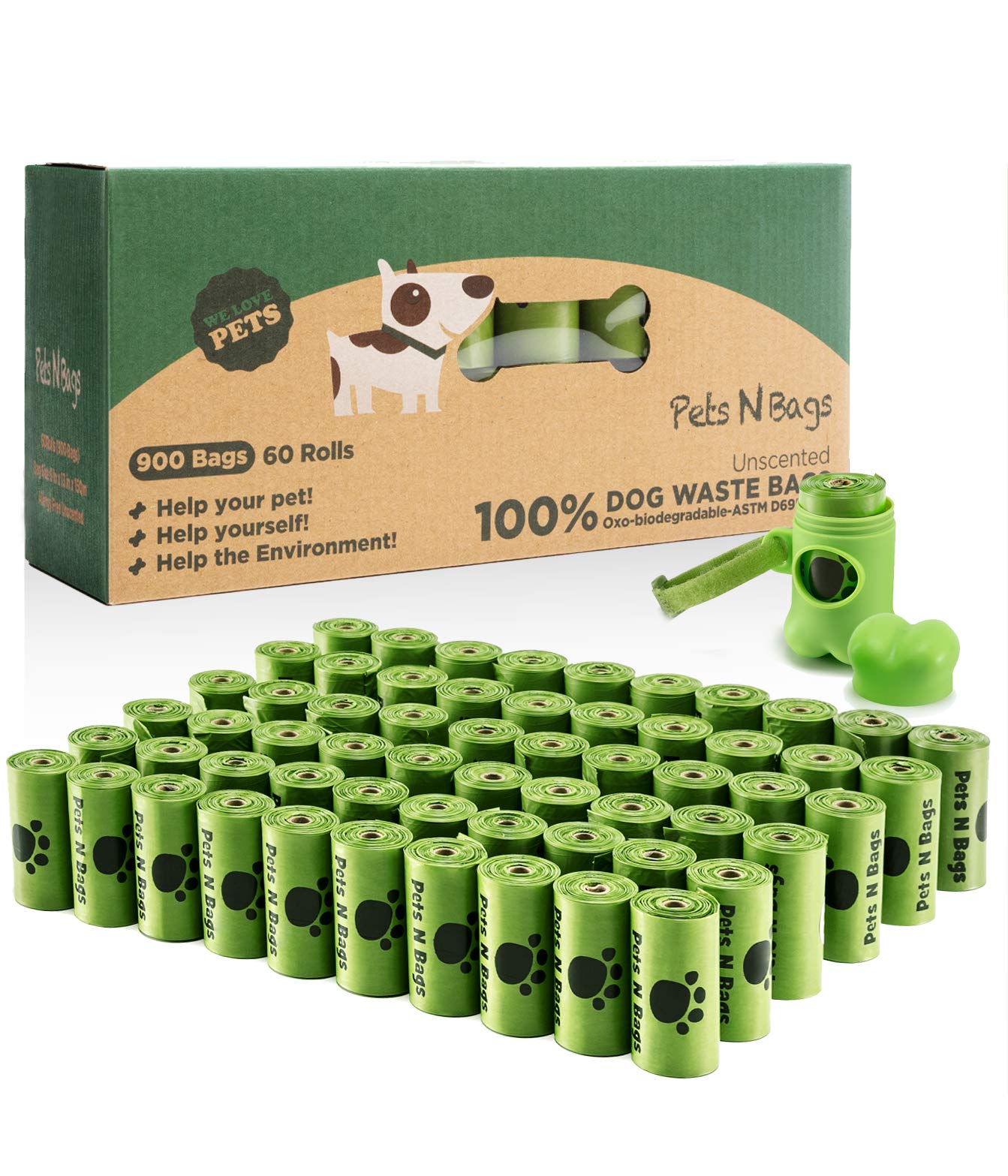 Pets N Bags Dog Waste Poop Bags, Dog Bags For Poop, Refill Rolls (60 Rolls / 900 Count, Unscented), Includes Dispenser