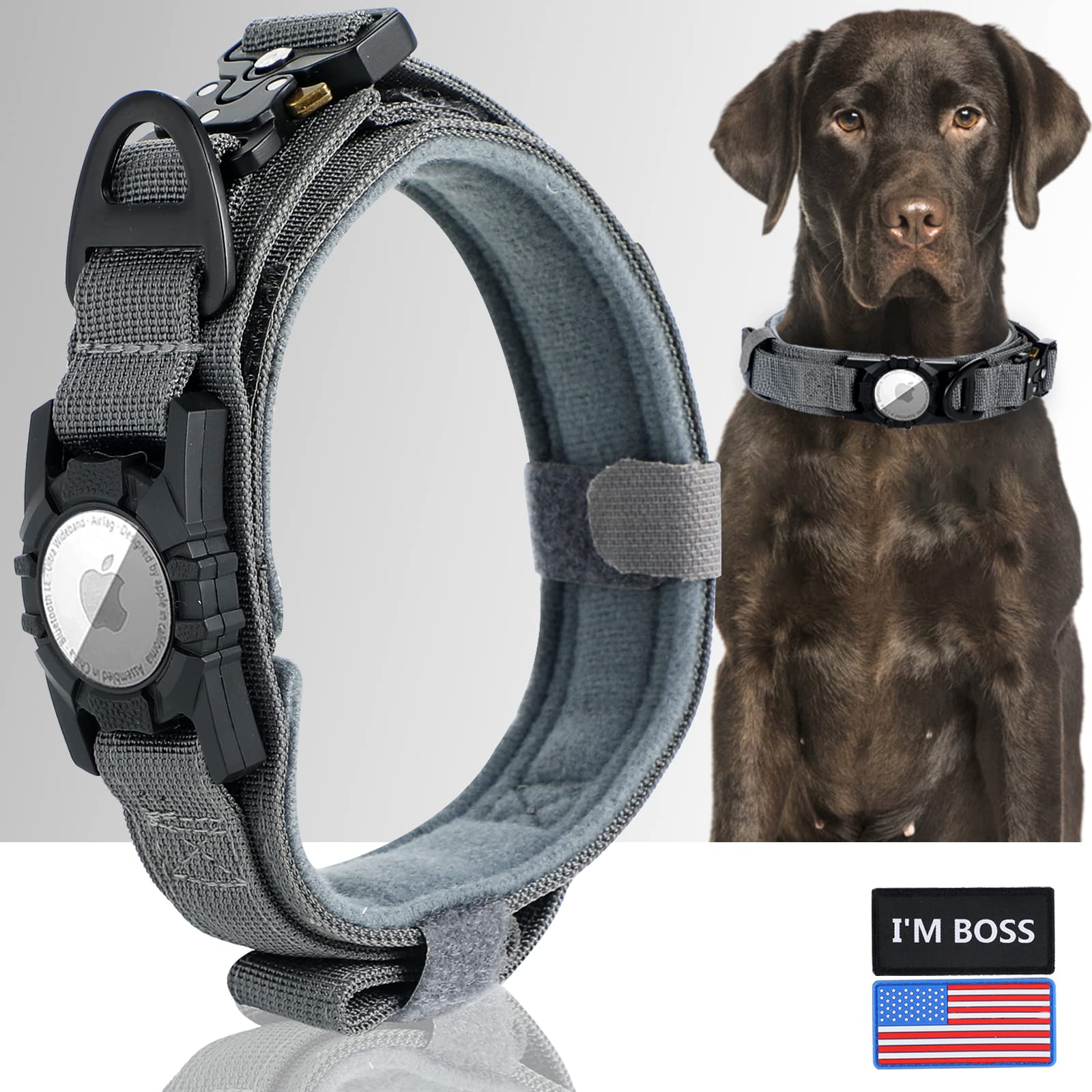Tactical Dog Collar For Large Medium Dogs, Qpinkpet Airtag Dog Collar With Handle, Military Dog Collar Heavy Duty With Metal Buckle For Extra Large Male Female Dogs, Apple Air Tag Collar Thick Durable