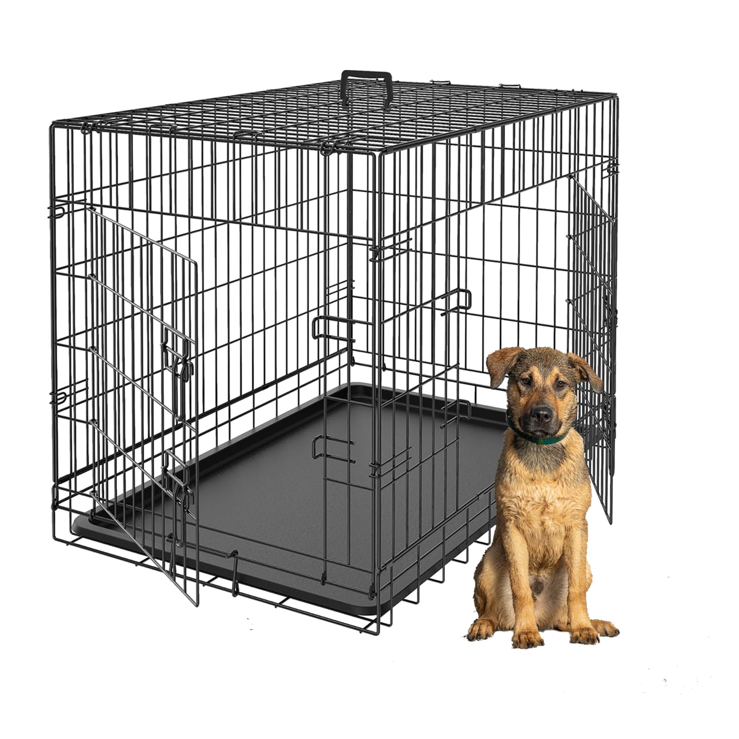 Home For Pets Dog Crate Cage Extra Folding Large Double Door Pet Crate,Includes Divider And Tray,48,Black